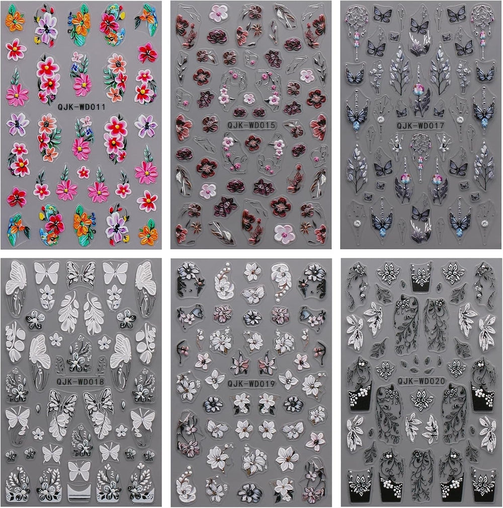 JMEOWIO Nagelsticker Schwarz Weiße Blume 6 Blatt Nail Art Sticker Selbstklebend Nagelaufkleber Frühling Sommer Floral Dekoration Nageldesign Zubehör