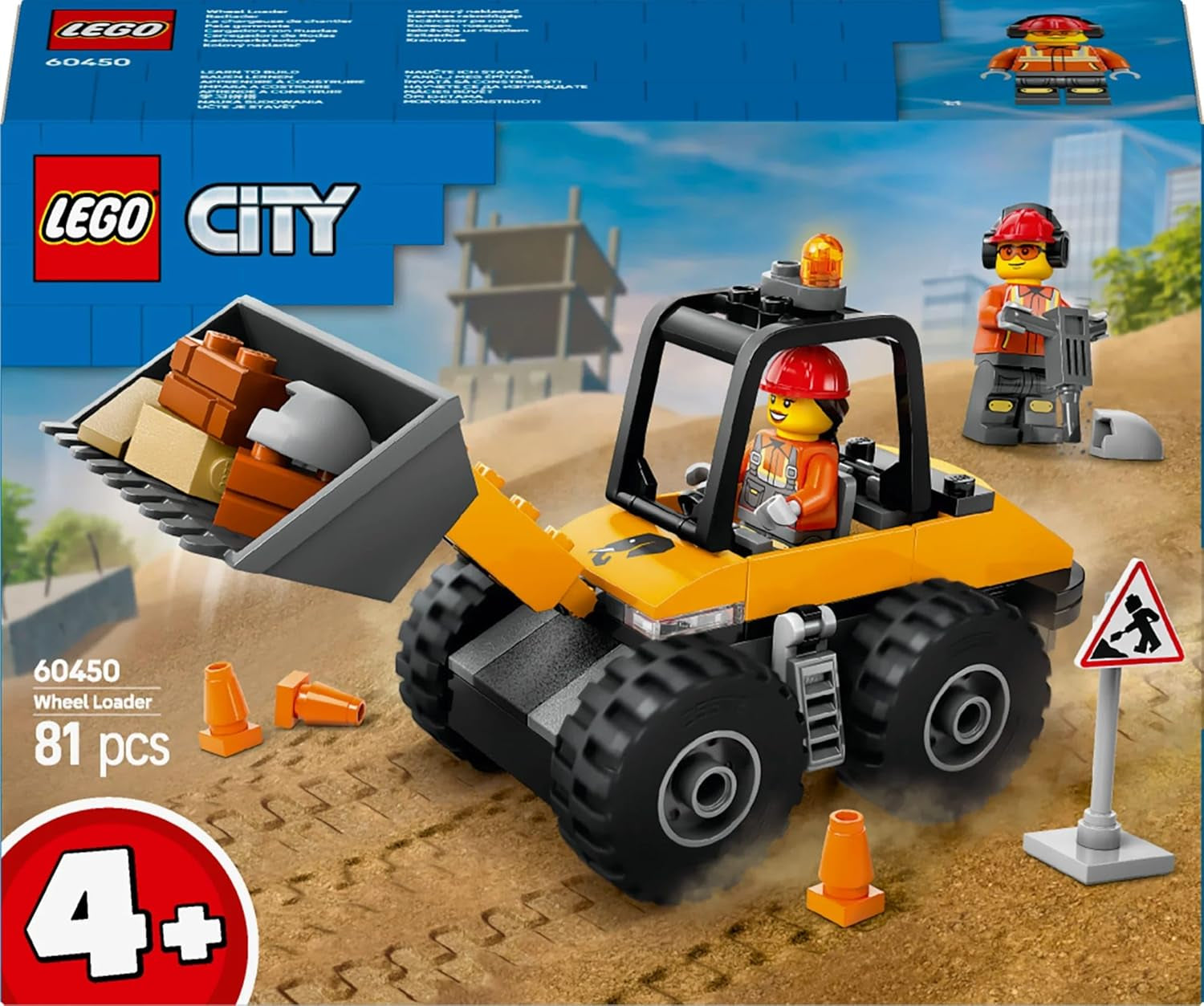 Încărcător cu roți LEGO City - Excavator de jucărie pentru copii mici, fete și băieți de la 4 ani - Set de joacă pentru vehicule - Idei de cadouri Montessori pentru preșcolari - Set cu 2 minifigurine de muncitori în construcții 60450 Seturi de constructie Besuche den LEGO-Store