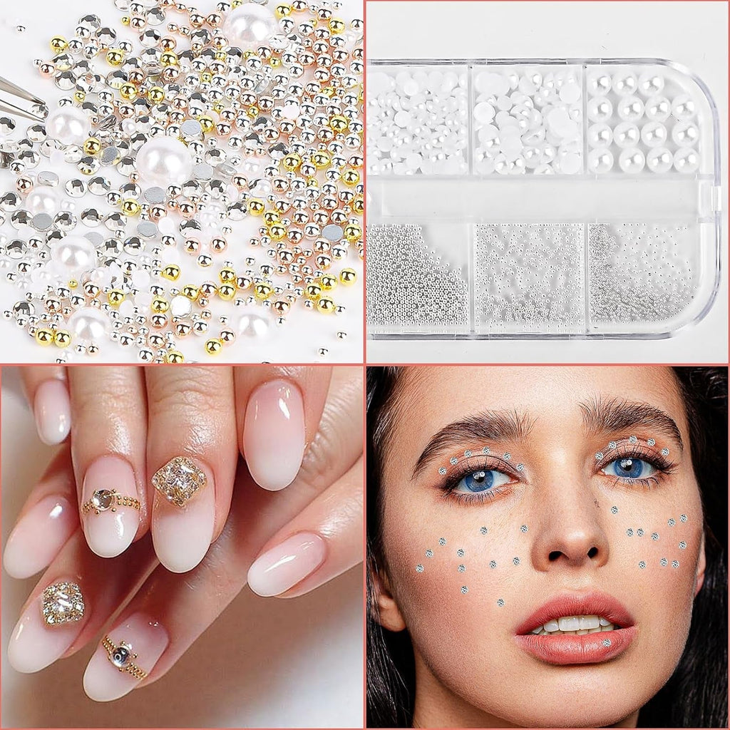 2 Boxen Nail Art Strasssteine, Mit Pinzette Nägel Flatback Perlen Nail Charms Mit Kristallen Nagelzubehör Diamanten Edelstahl-Perlen Für Nagelschmuck