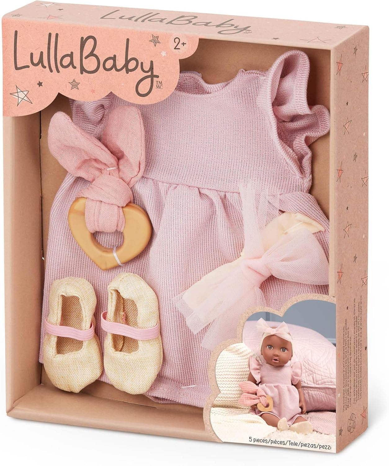 LullaBaby - Baby Puppe Dress Outfit - Kleidungsset - Rosa Kleid, Stirnband, Schnuller und Schuhe - 36 cm Baby-Puppen-Kleidung - Fantasievolles Spiel - Spielzeug für Kinder ab 2 Jahren