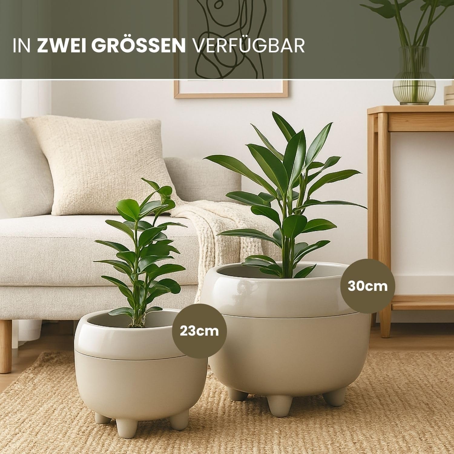 Ghiveci LAMELA cu picioare elegante – Ghiveci bej cu drenaj – Rotund Ø 23 cm, 3L – Ghiveci pentru interior și exterior, bej