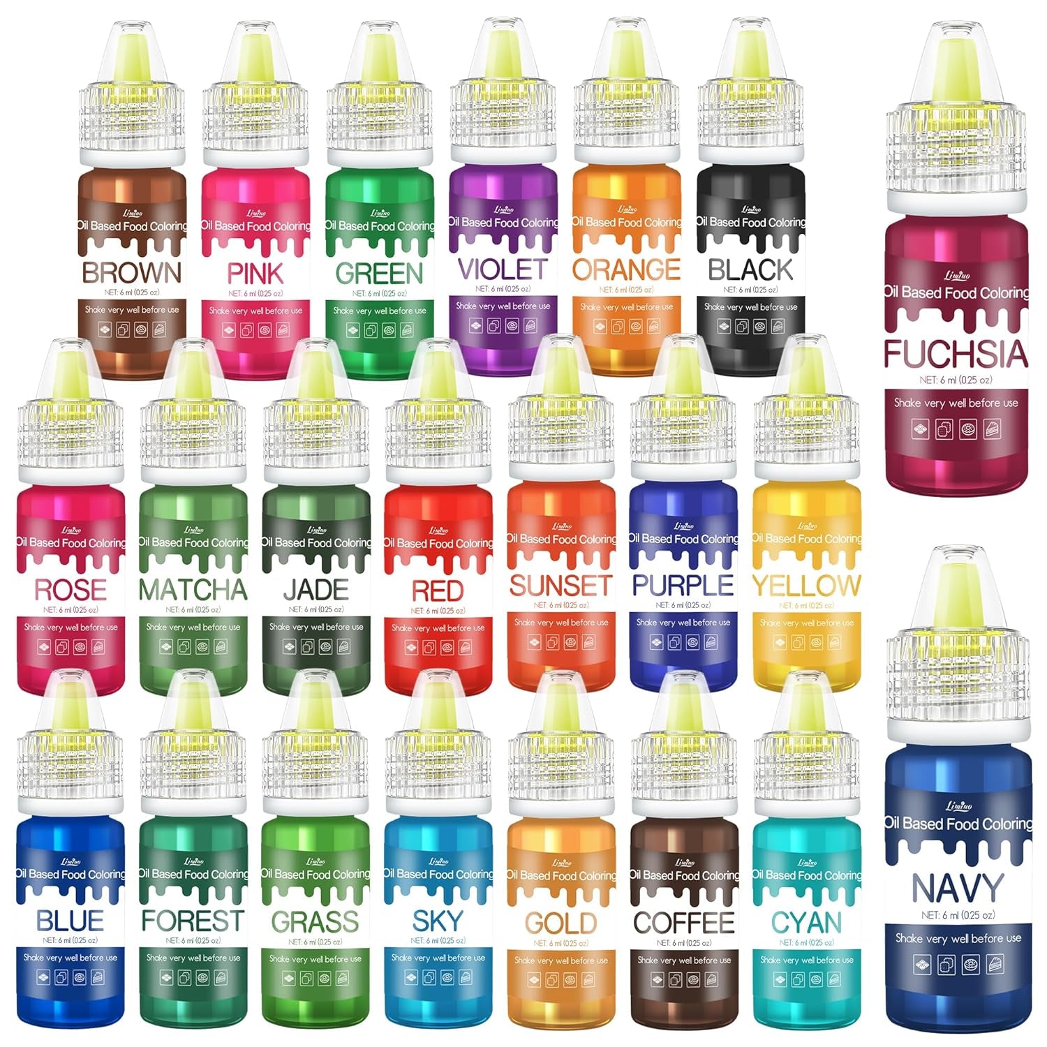 Fettlösliche Lebensmittelfarbe - 10 Farben Ölbasis Lebensmittelfarben Für Schokolade, Süssigkeit, Kuchen, Backen, Macaron - Konzentrierte Food Coloring Für Tortendeko, Buttercream, Fondant - Je 10Ml Naty Shop 6 Ml (22Er Pack)