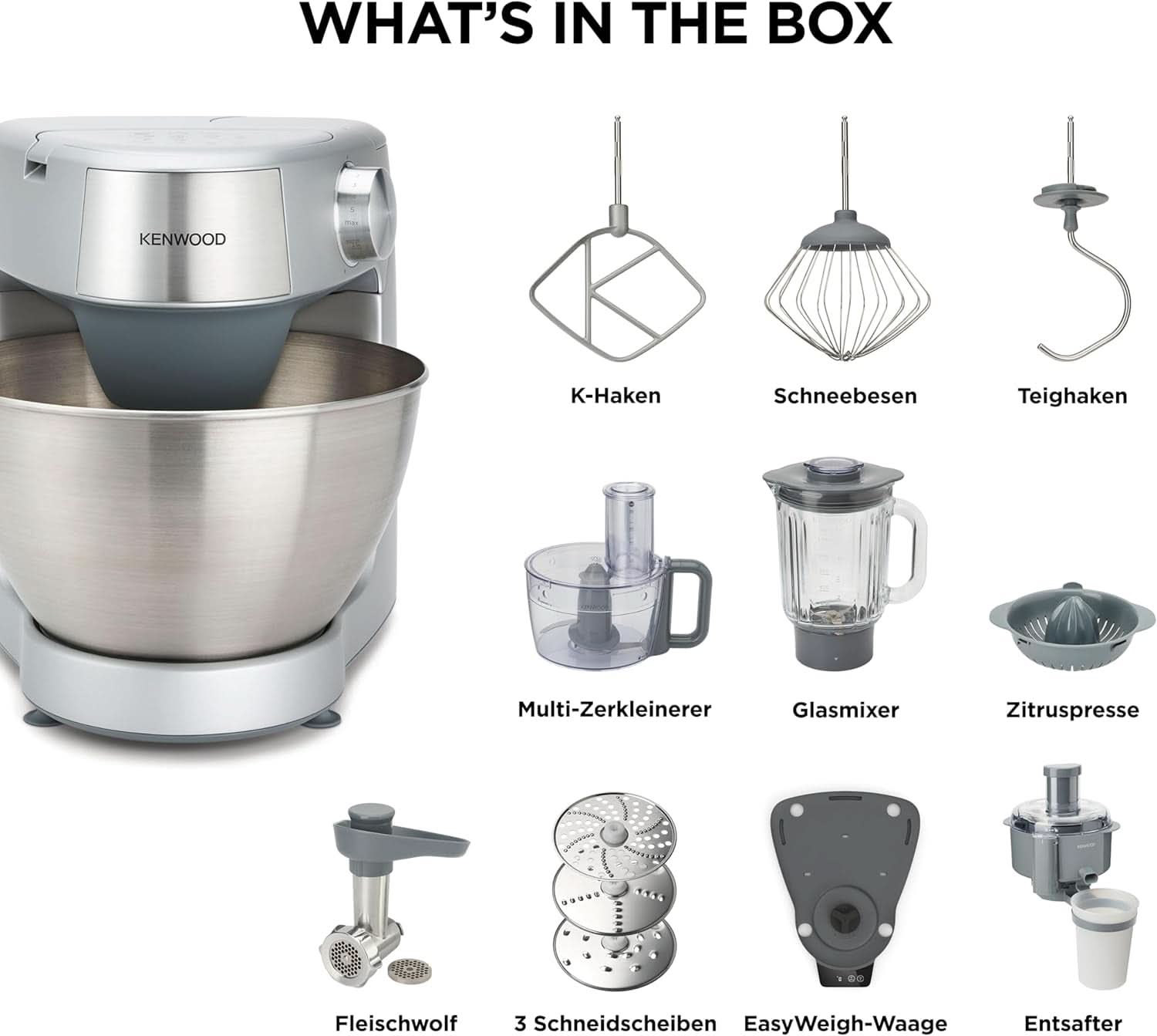 Kenwood Prospero+ KHC29A.R0SI Küchenmaschine, 4.3 L Edelstahlschüssel, Inkl. 10-teiliges Zubehör-Set mit Fleischwolf, Glas-Mixer, Zitruspresse, Entsafter und mehr, inkl. Easyweigh Waage, 1000W, Silber Mutter und Kind Naty Shop