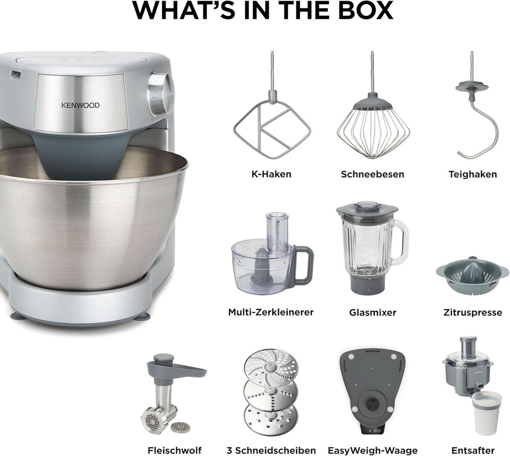 Kenwood Prospero+ KHC29A.R0SI Küchenmaschine, 4.3 L Edelstahlschüssel, Inkl. 10-teiliges Zubehör-Set mit Fleischwolf, Glas-Mixer, Zitruspresse, Entsafter und mehr, inkl. Easyweigh Waage, 1000W, Silber Mutter und Kind Naty Shop