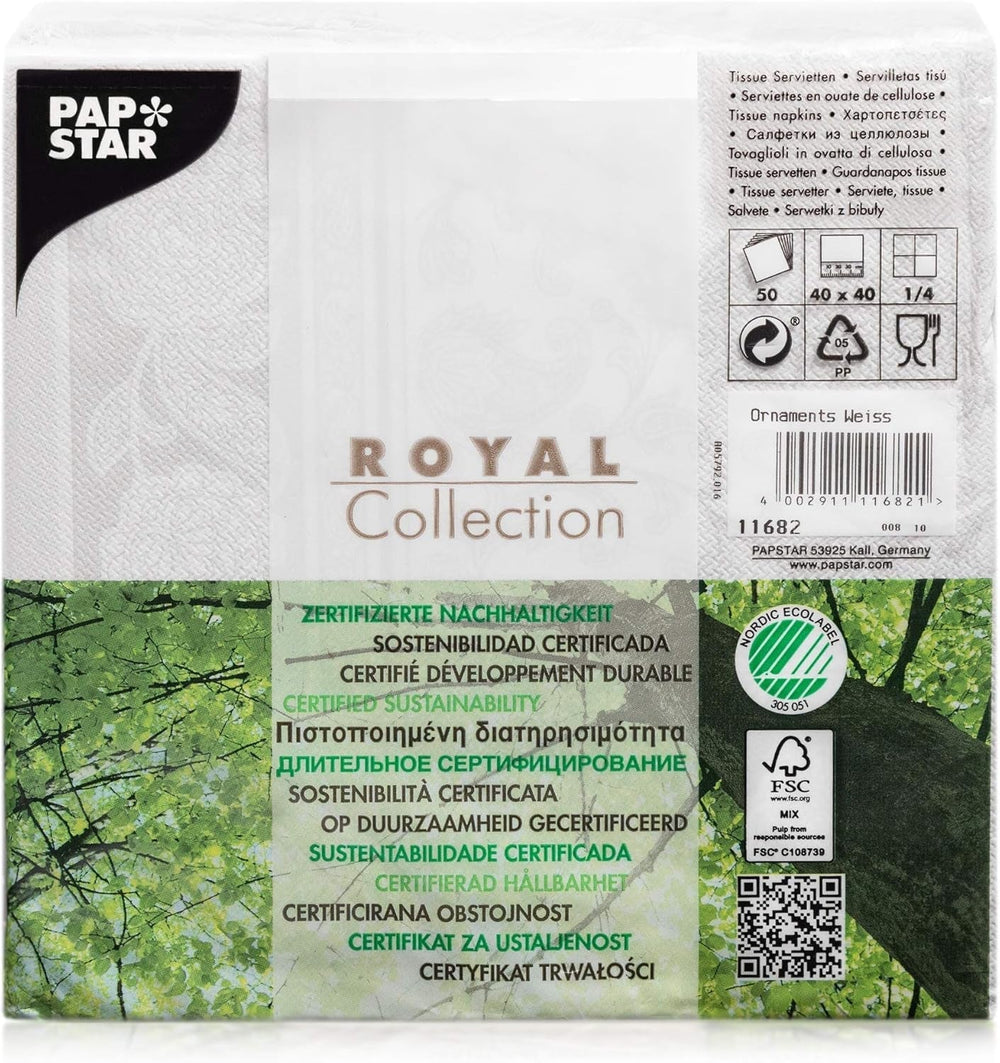 Papstar 11682 50 șervețele "Royal Collection" 1/4 pliere 40 X 40 cm "Ornamente", alb