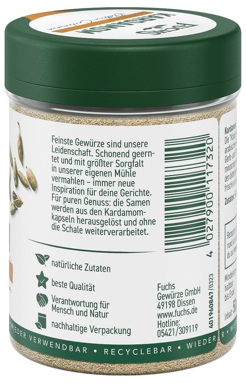 Fuchs Gewürze - Kardamom gemahlen - Gewürz für Glühwein oder Fleischgerichte wie Roastbeef oder Schweinebraten - natürliche Zutaten - 50 g in wiederverwendbarer, recyclebarer Dose