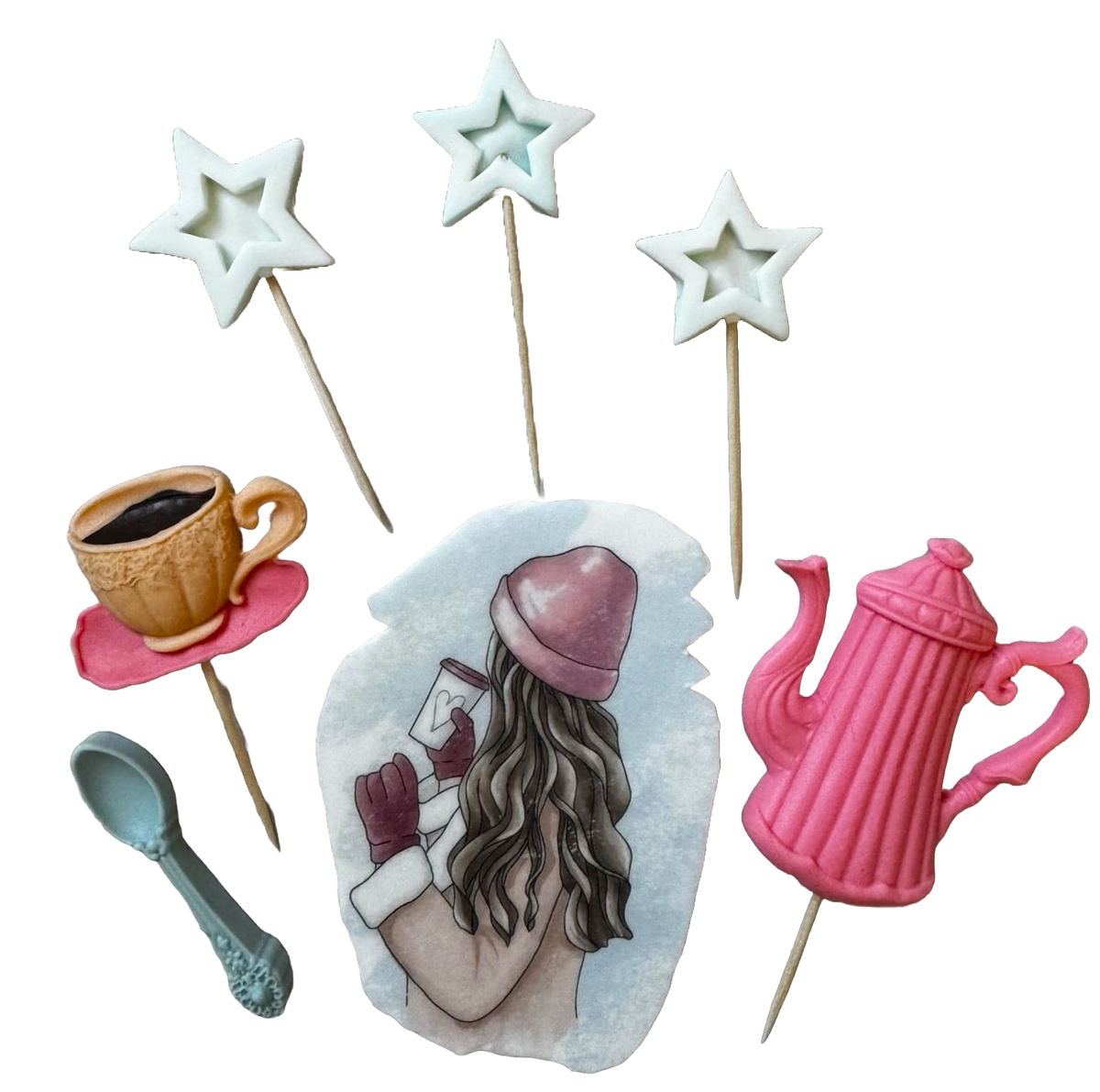 Set 7 decoratiuni comestibile din pasta de zahar, Beautiful Lady, caciula roz Decoratiuni din Pasta de Zahar Naty Shop
