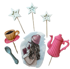 Set 7 decoratiuni comestibile din pasta de zahar, Beautiful Lady, caciula roz Decoratiuni din Pasta de Zahar Naty Shop