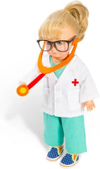 Heless 2653 - Bekleidungs-Set für Puppen, 4 teiliges Arzt-Outfit mit Hose, Hemd, Arztkittel und Stethoskop, Größe 35 - 45 cm