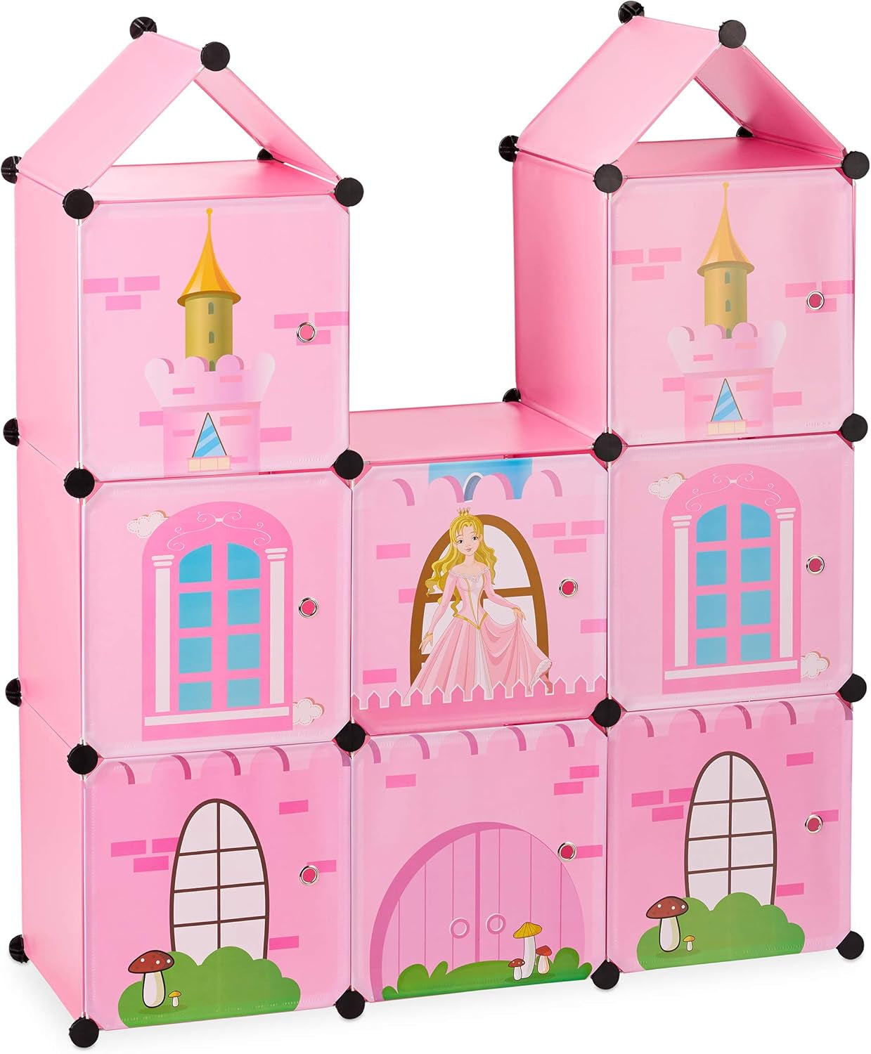 Raft modular Relaxdays pentru camere de copii, design castel prințesă, plastic, dulap DIY cu uși, HL: 128 x 110 x 37 cm, roz