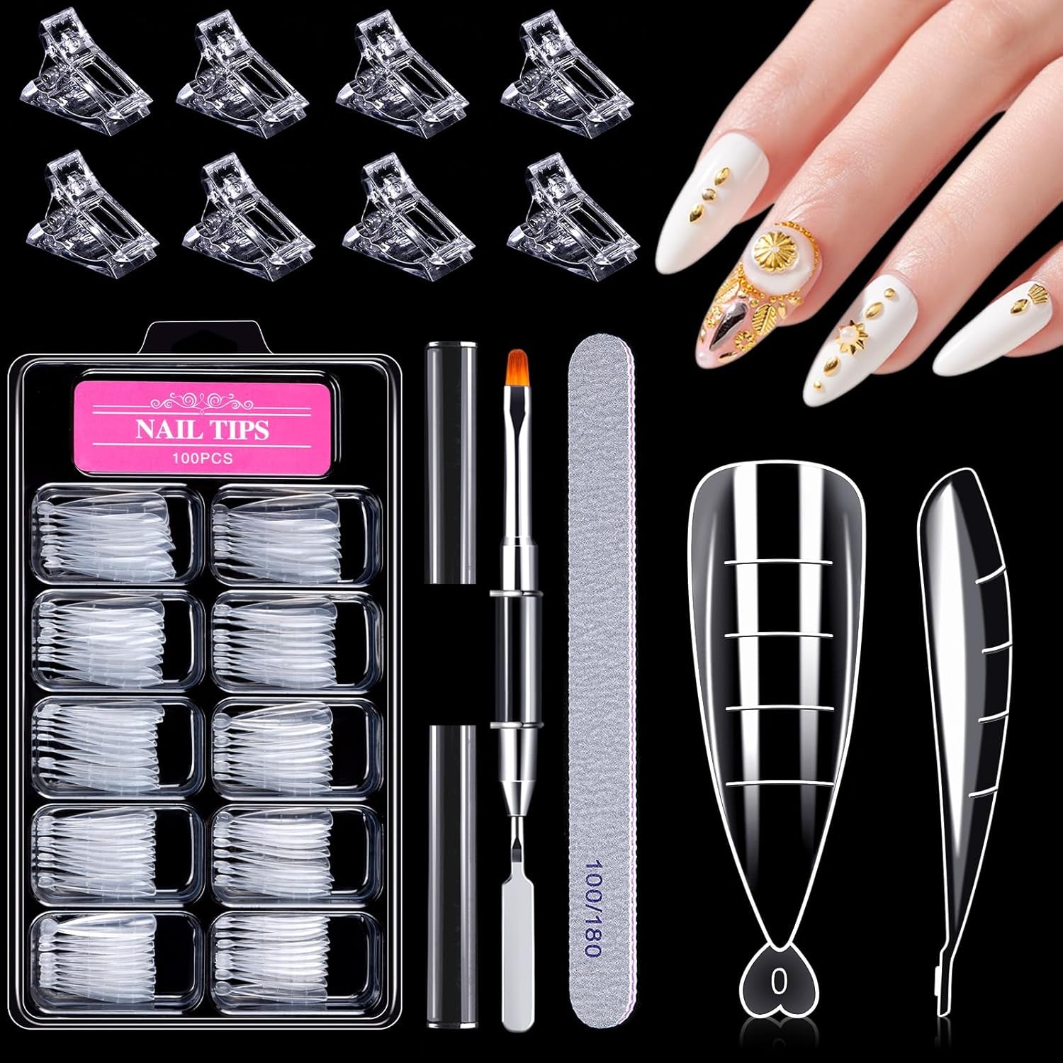 Set de 120 de forme pentru unghii, extensii de unghii, forme cu gel pentru unghii, set de forme pentru unghii cu perie cu două capete și pilă pentru unghii cu cleme, pentru unghii cu gel