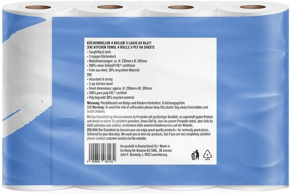 By Amazon Rolă de bucătărie, 3 straturi, 16 role (4 role, pachet de 4), 64 de foi pe rolă, certificată Fsc