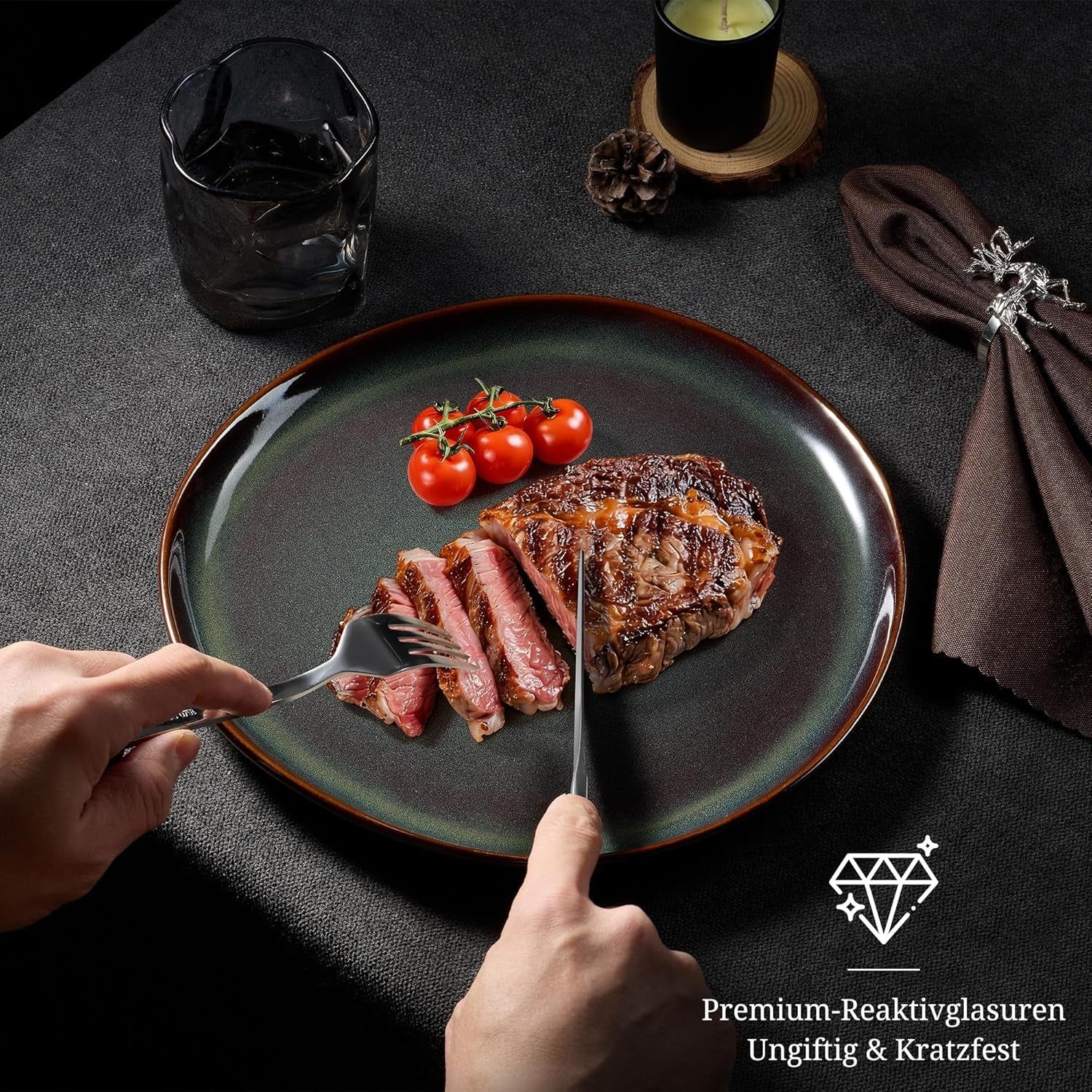 Set de veselă pentru 6 persoane, set de servire din gresie, format din 18 piese, boluri rotunde neregulate pentru cereale, farfurii de desert, farfurii de cină, rezistent la zgârieturi și potrivit pentru cuptorul cu microunde, verde mușchi reactiv