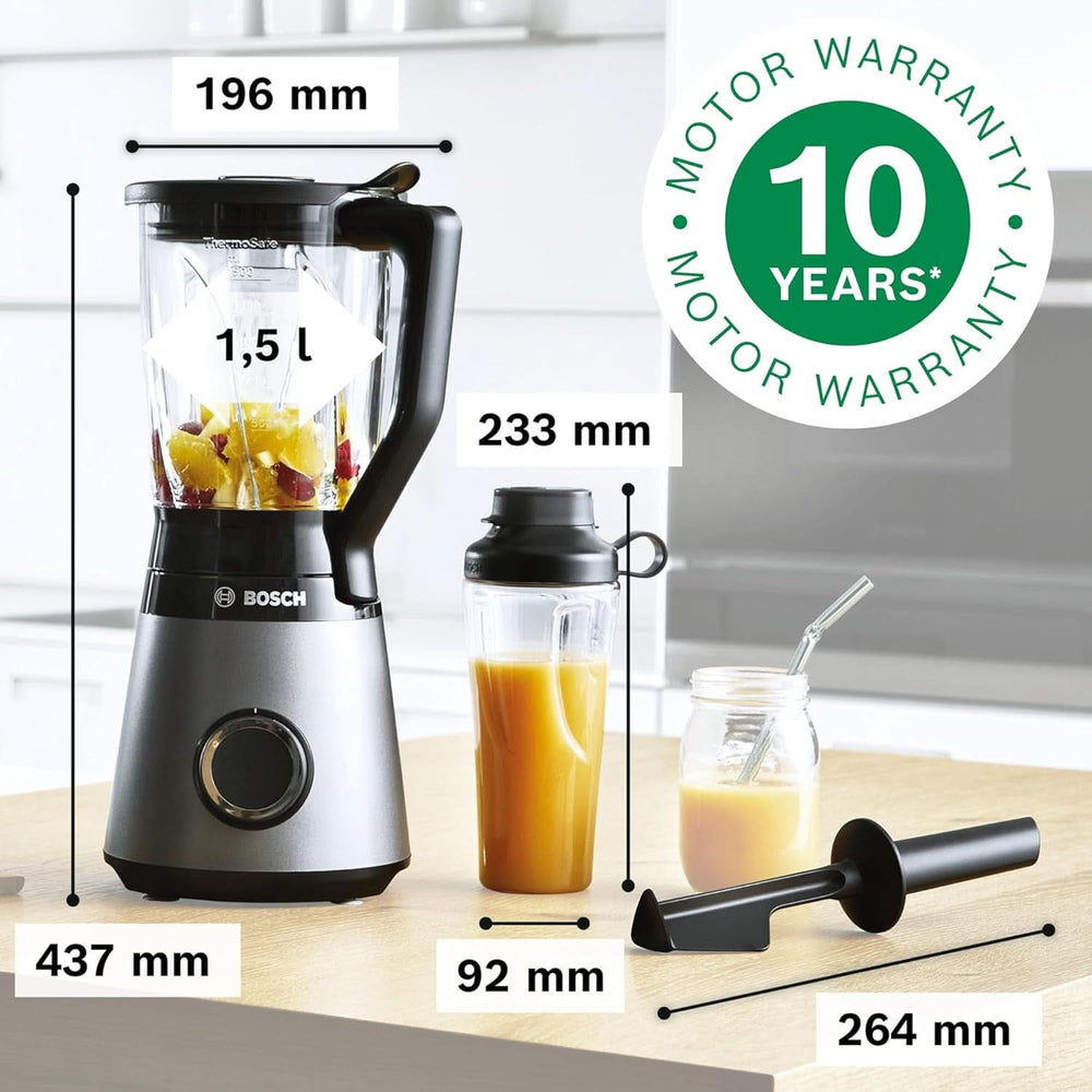 Bosch Standmixer Vitapower Serie 4 MMB6174SN, Verbesserte Version, Hochwertige Edelstahl-Klingen, 1,5L Glasbehälter, 0,6L To-Go-Flasche, Spülmaschinenfeste Teile, 30.000 U/Min, 1200 W, Silber Bucatarie Naty Shop