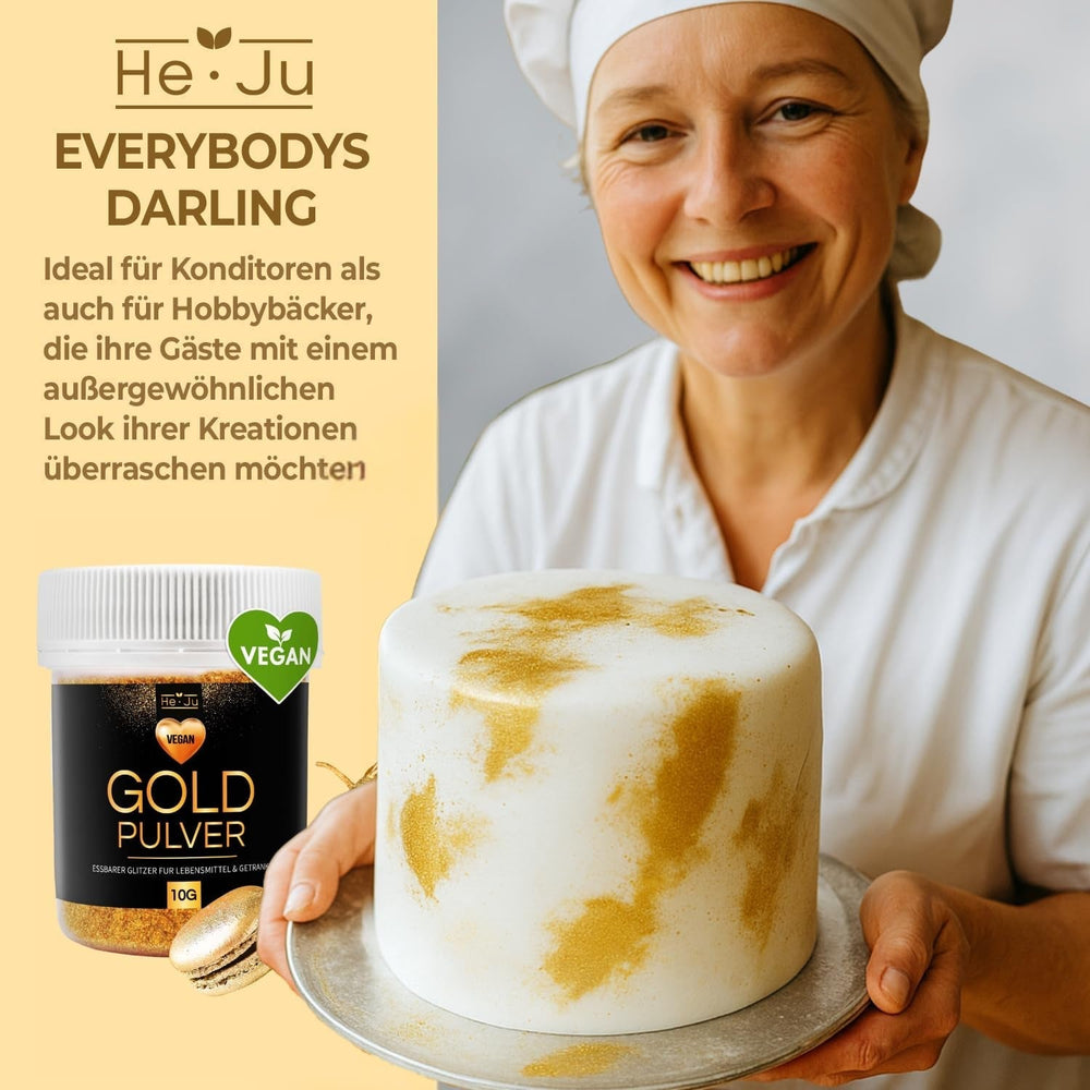 Pudră de aur comestibilă He-Ju 10g, vegană și fără E171, colorant alimentar auriu, sclipici comestibil pentru băuturi și alimente