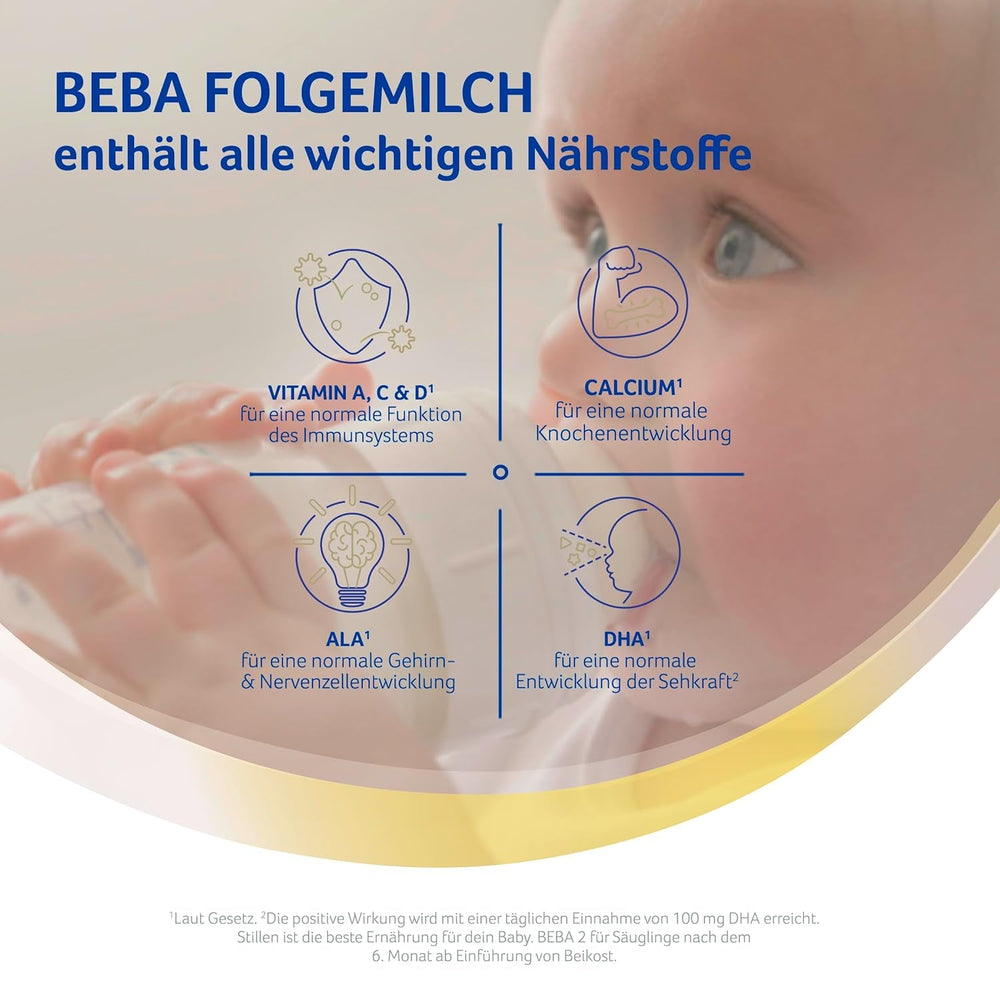 BEBA 2 - Lapte de continuare după 6 luni, cu complex 5 HMO, conținut proteic adecvat vârstei, fără lactoză, fără ulei de palmier, fără ulei de pește, hrană pentru bebeluși, lapte praf pentru bebeluși, pachet de 3 (3 x 800g)