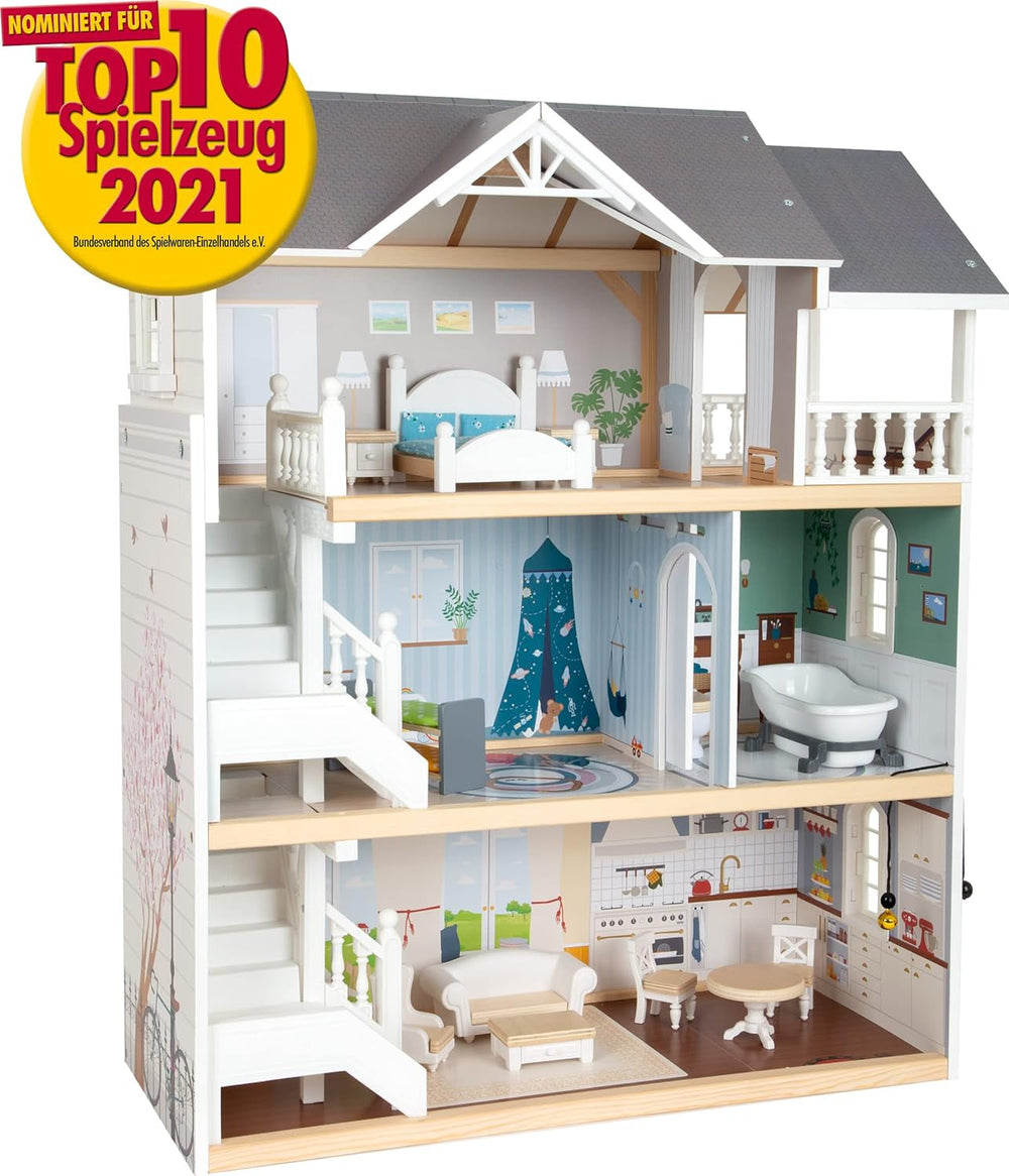Small Foot Puppenhaus 3-stöckiges Stadthaus aus Holz mit offener Vorderseite und 12 Möbeln für Kinder ab 3 Jahren 11802 Weiß Grau Puppenhäuser Naty Shop