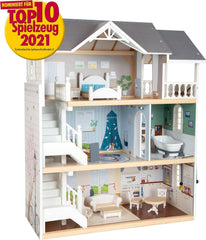 Small Foot Puppenhaus 3-stöckiges Stadthaus aus Holz mit offener Vorderseite und 12 Möbeln für Kinder ab 3 Jahren 11802 Weiß Grau Puppenhäuser Naty Shop