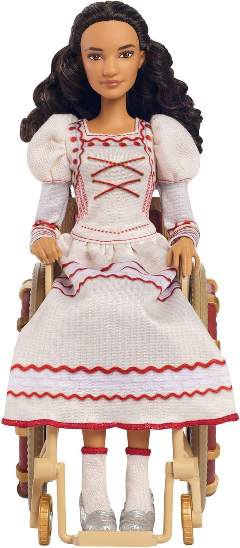 Mattel Wicked Nessarose-Modepuppe und Zubehör, einschließlich Rollstuhl, mit braunem, lockigem Haar, verschiedene Posen möglich und ausziehbarer Ballkleid-Look, HXY36