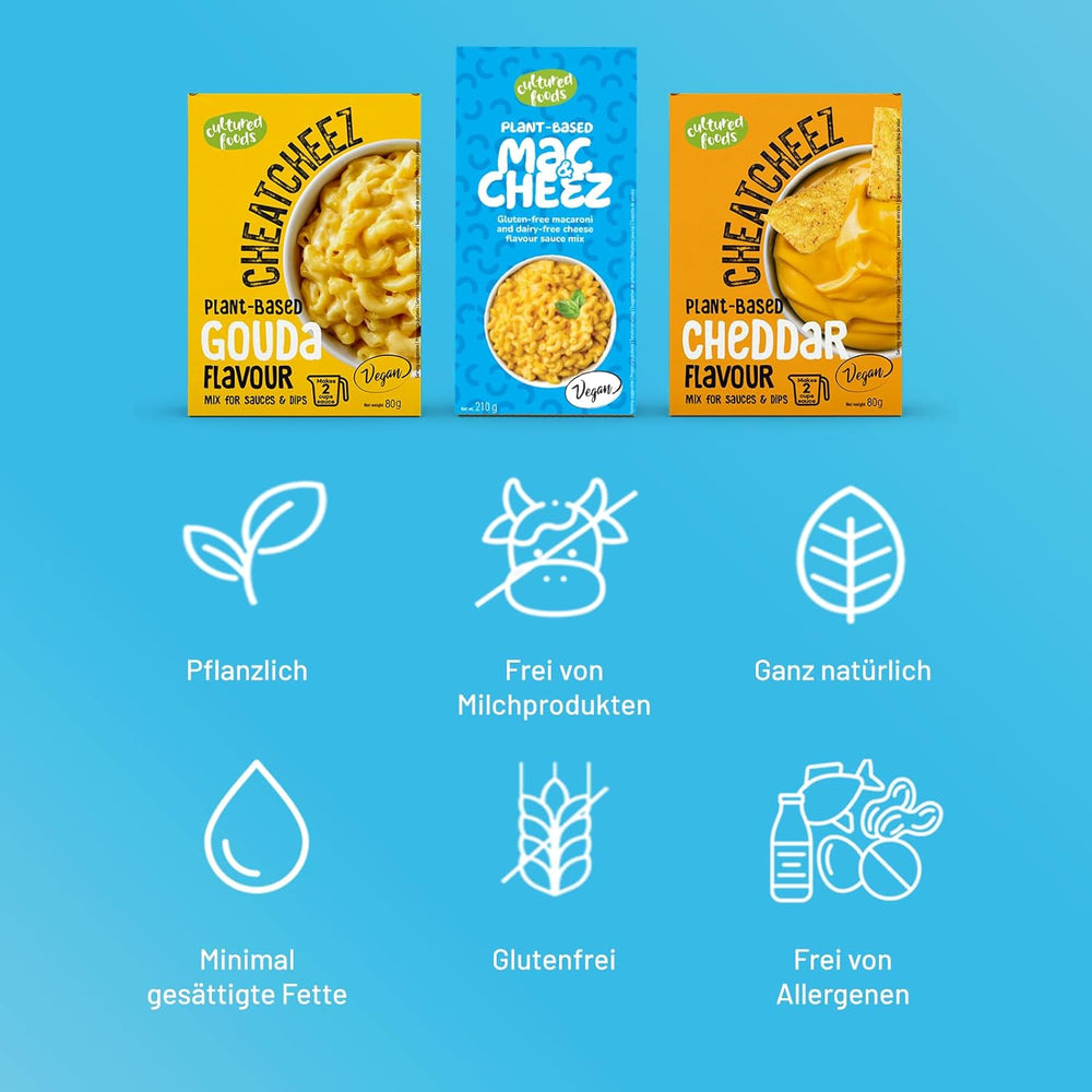 Cultured Foods Vegan 3er Set Vegan Mac And Cheese, Gouda Sauce, Cheddar Sauce, Laktosefrei Glutenfrei MAC & CHEEZ CHEATCHEEZ