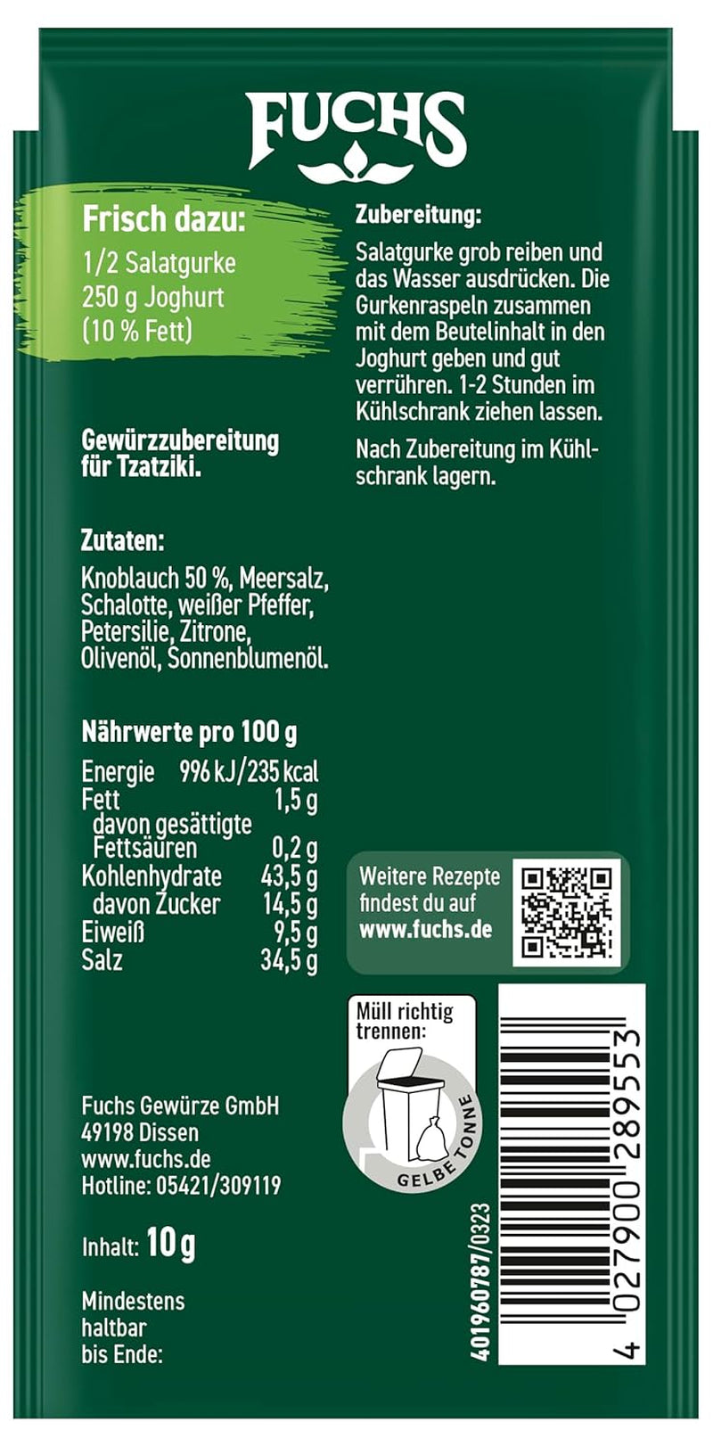 Fuchs Gewürze - Let's dip! Tzatziki Gewürzzubereitung, Gewürz für die Zubereitung von griechischem Tzatziki, 10 g im Beutel