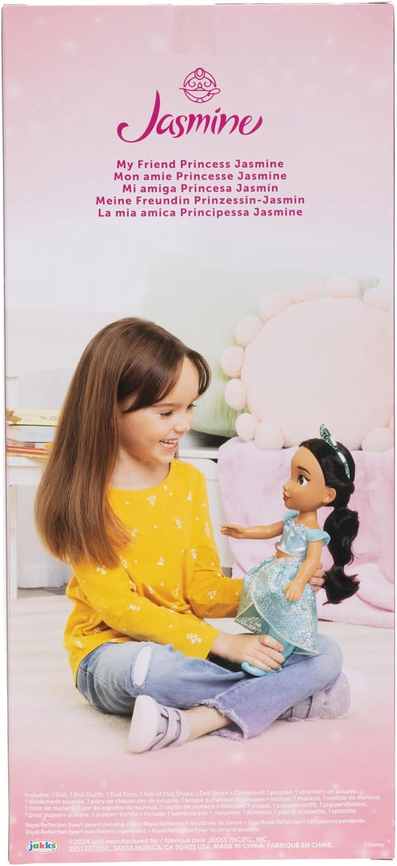 Disney Princess Jasmin Puppe 35cm, reflektierende Glitzeraugen, bewegliche Gelenke, ausziehbares Outfit, Schuhe, Krone, langes geflochtenes Haar, für Mädchen ab 3 Jahren