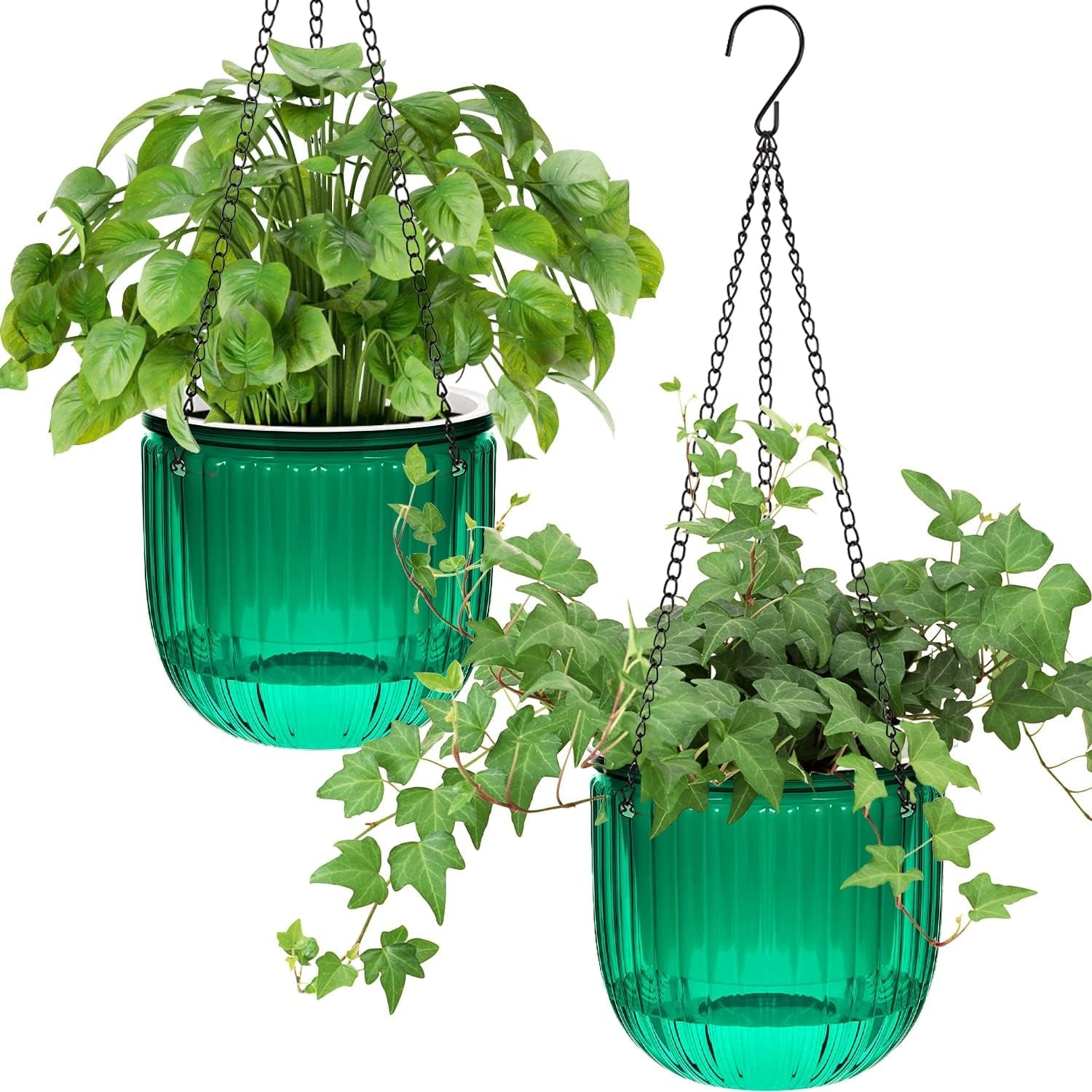 Set de 2 jardiniere suspendate cu auto-udare, ghivece de flori suspendate de interior de 16,5 cm cu 3 cârlige și găuri de drenaj pentru utilizare în interior și exterior, tavane, balcoane și decorațiuni de perete (gri)