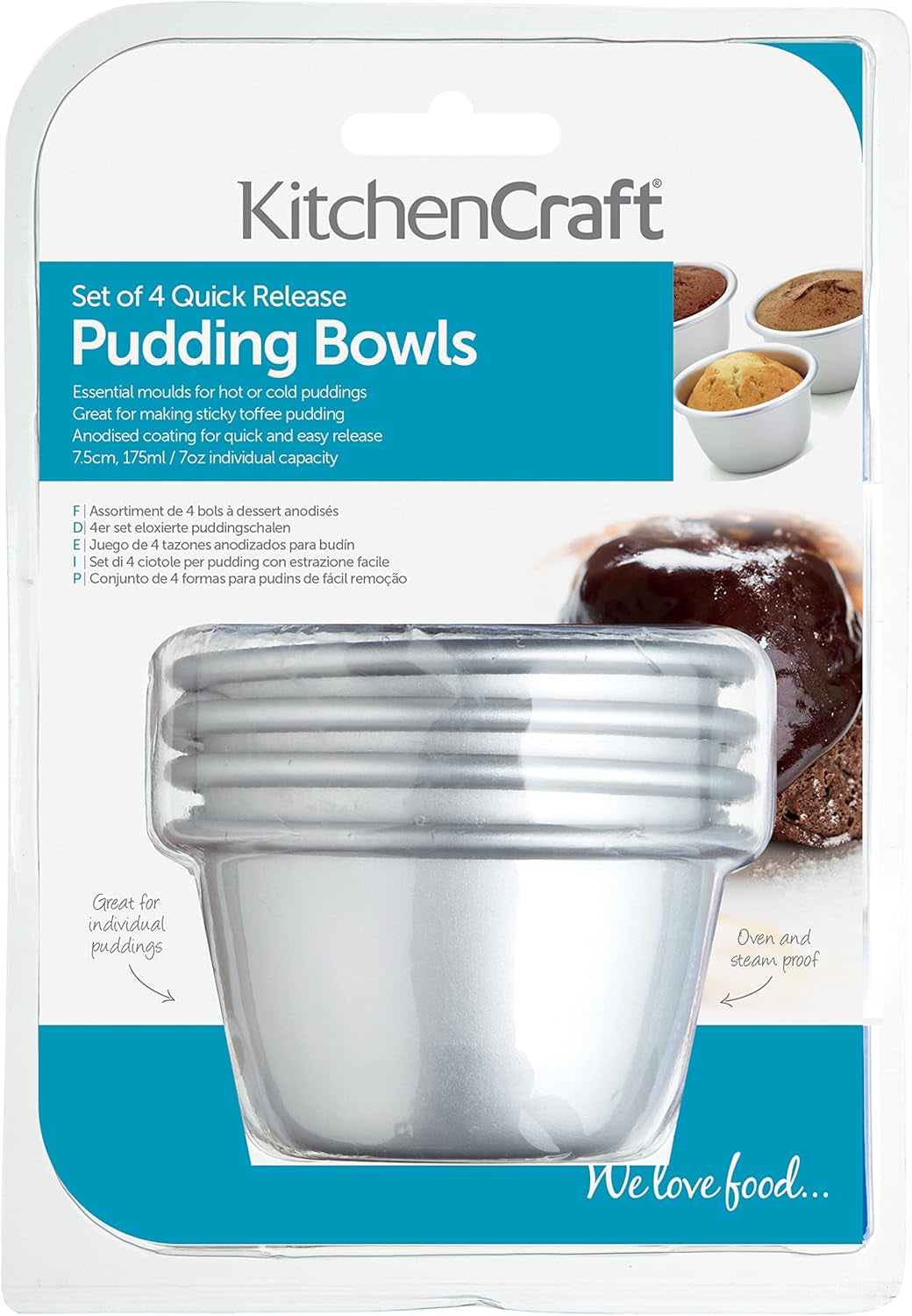 Kitchencraft Mini-Puddingformen aus eloxiertem Aluminium, 7,5 cm, Set mit 4 silbernen Backformen und Tabletts, Naty Shop