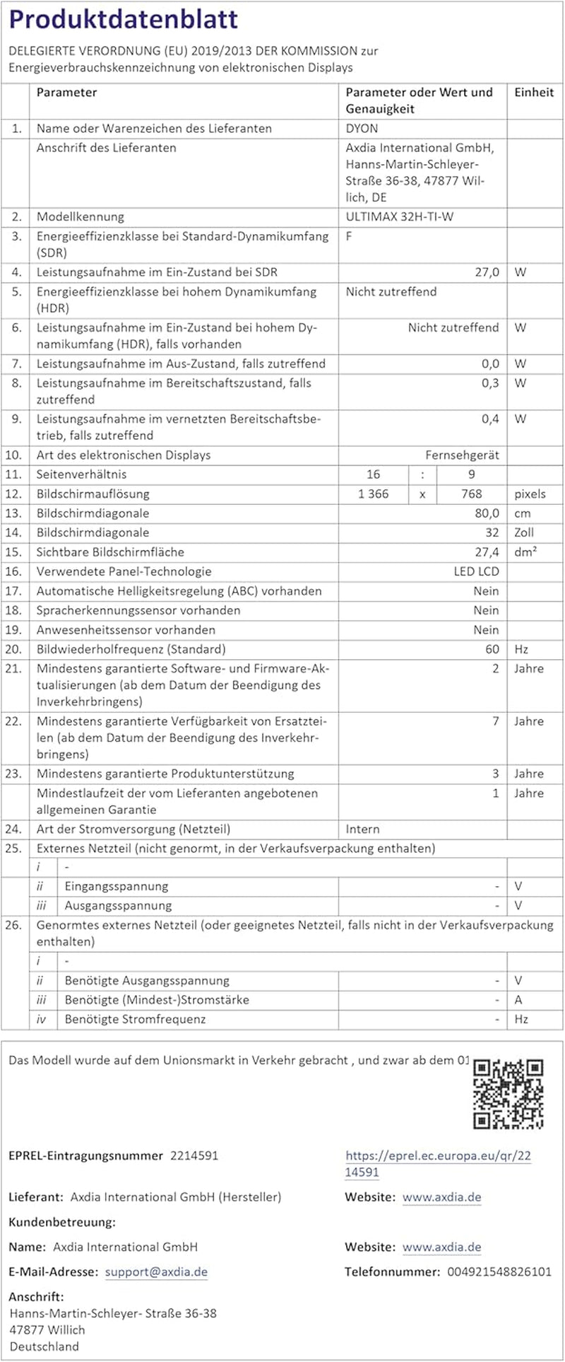 DYON ULTIMAX 32H-TI-W - Televizor inteligent HD de 32 inch (80 cm) cu sistem de operare Samsung Tizen, tuner triplu (DVB-C/-S2/-T2), Samsung Smart Hub, Prime Video, Netflix, Disney+ [2025]