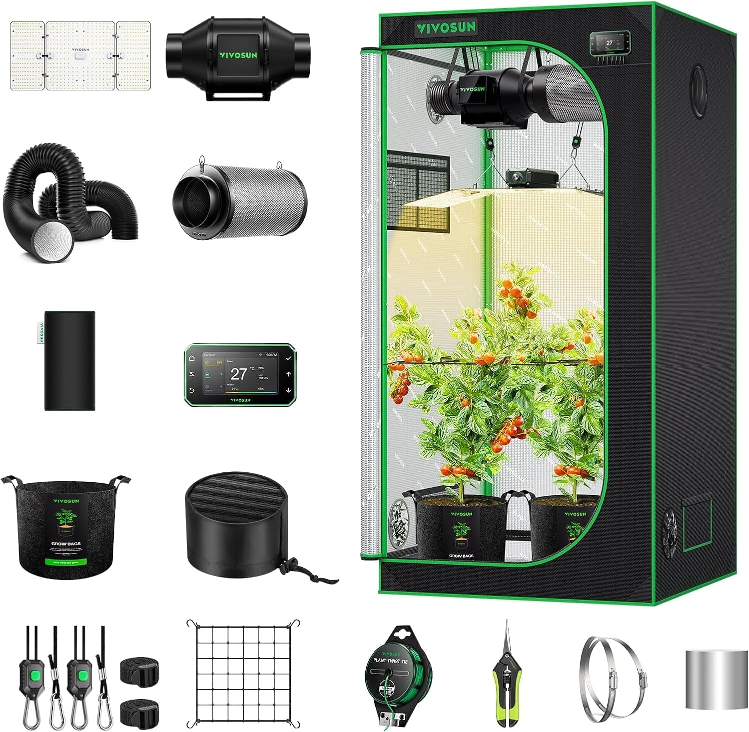 VIVOSUN Cort de Cultivare Inteligent Set Complet 60x60x120cm, sistem de creștere automat integrat WiFi cu lumină LED cu spectru complet de 100W și sistem eficient de ventilație cu controler GrowHub E42A+