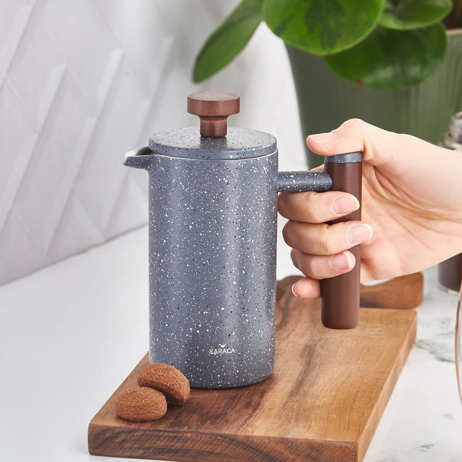 Presă franceză cu pereți dubli din marmură KARACA și mâner din castan – Presă franceză izolată pentru cafea – Aparat de cafea pentru acasă, călătorii și camping – 350 ml – Gri închis