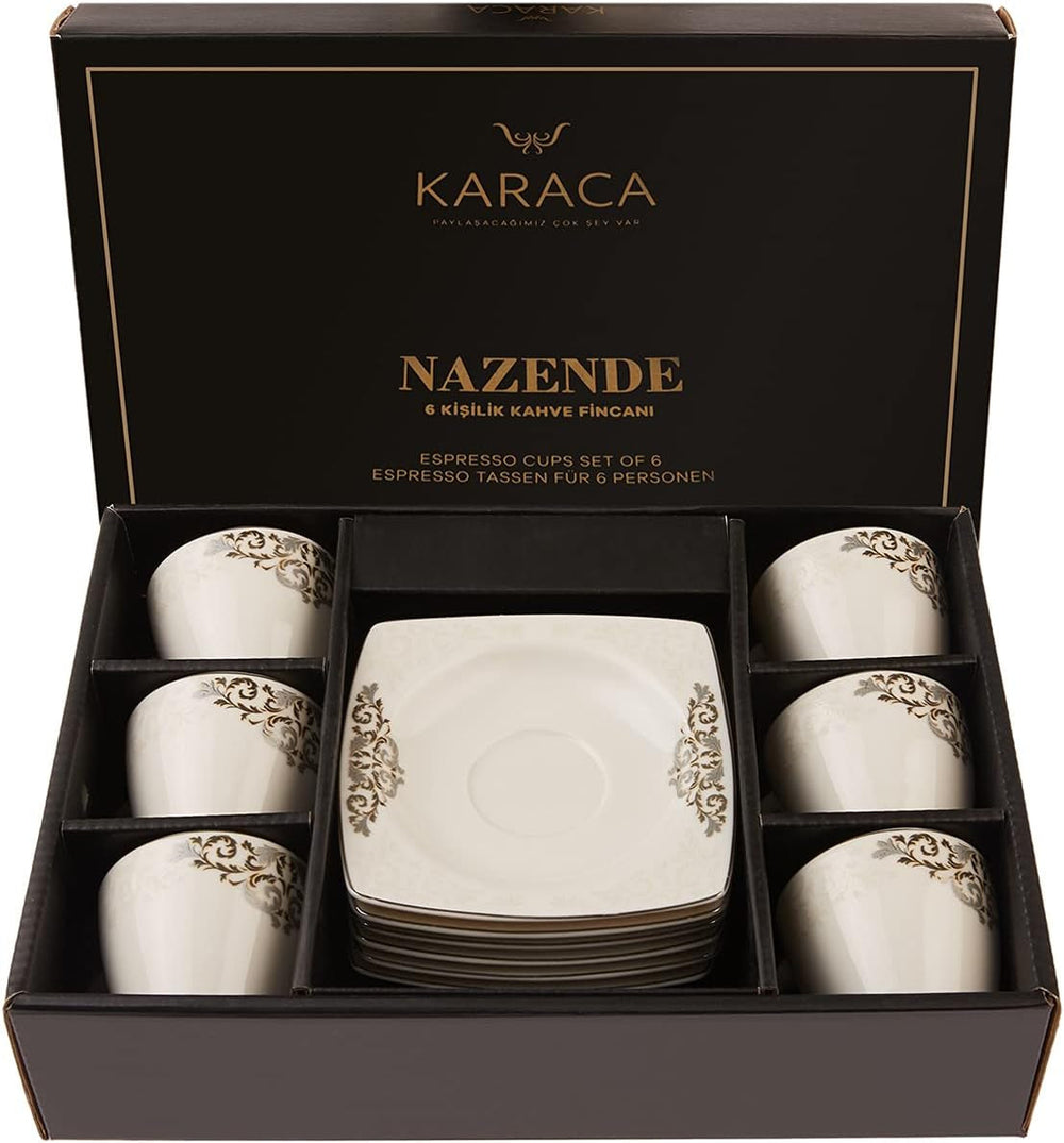 Set de cești espresso din porțelan KARACA Nazende - cești de cafea turcească de 80 ml cu farfurioare, serviciu de cafea modern cu 12 piese cu 6 cești de cafea și 6 farfurioare, cești Mocha - alb