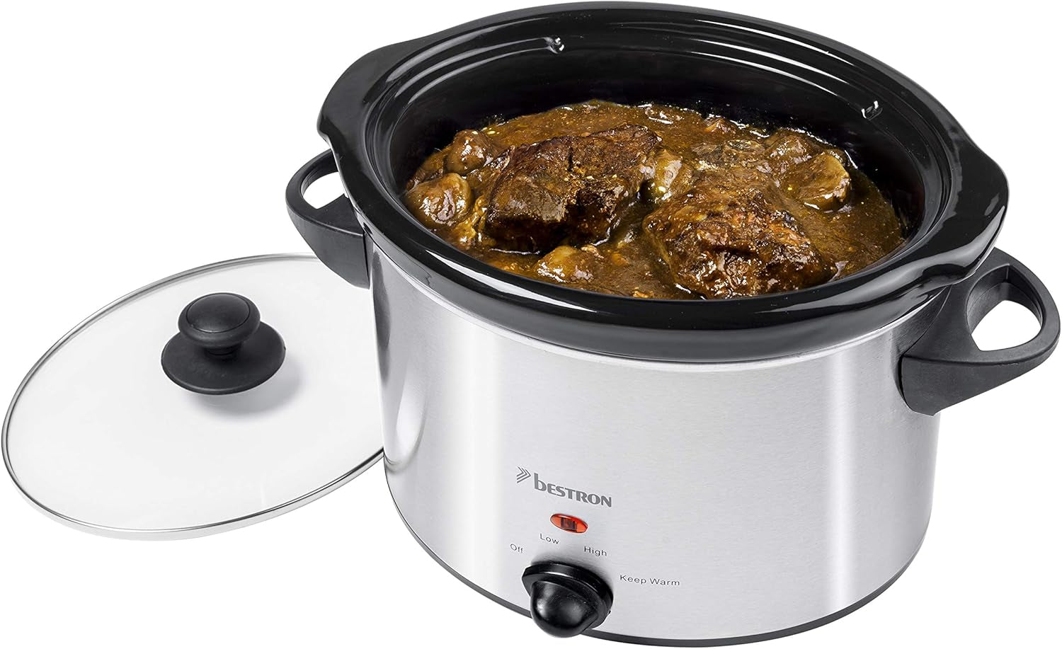 Bestron Slow Cooker mit Keramikpfanne und Glasdeckel, 3-Stufen-Thermostat, ideal für viele Gerichte wie Fleisch, Suppen und Gemüse, 3,5 Liter, Farbe: Silber Slow Cooker Naty Shop