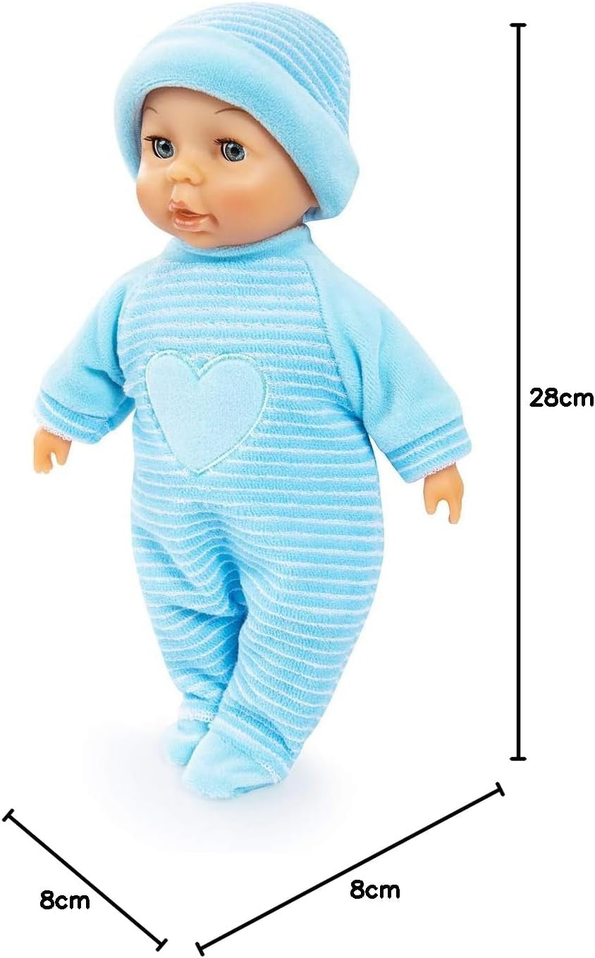 Bayer Design 92802AU My First Baby 28cm, Babypuppe, Weichkörperpuppe mit Schlafaugen, sehr handlich, niedliches Outfit, blau mit Herz