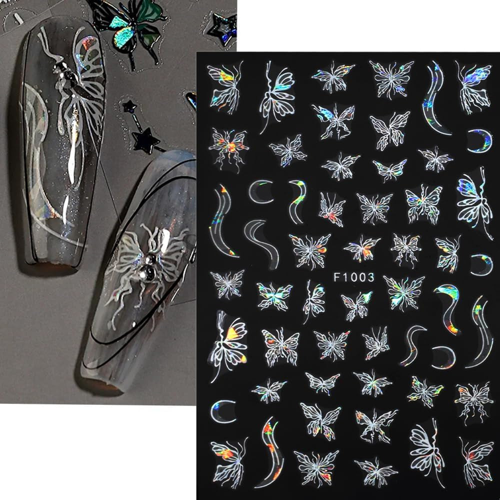 4 Blätter Holographisch Laser Weiß Schmetterling Nagelsticker,Y2K Aurora Schmetterlinge Stern Nail Sticker 3D Flamme Herz Nageldesign Nagelsticker Selbstklebend Nagel Sticker Nagel Zubehör Nail Art