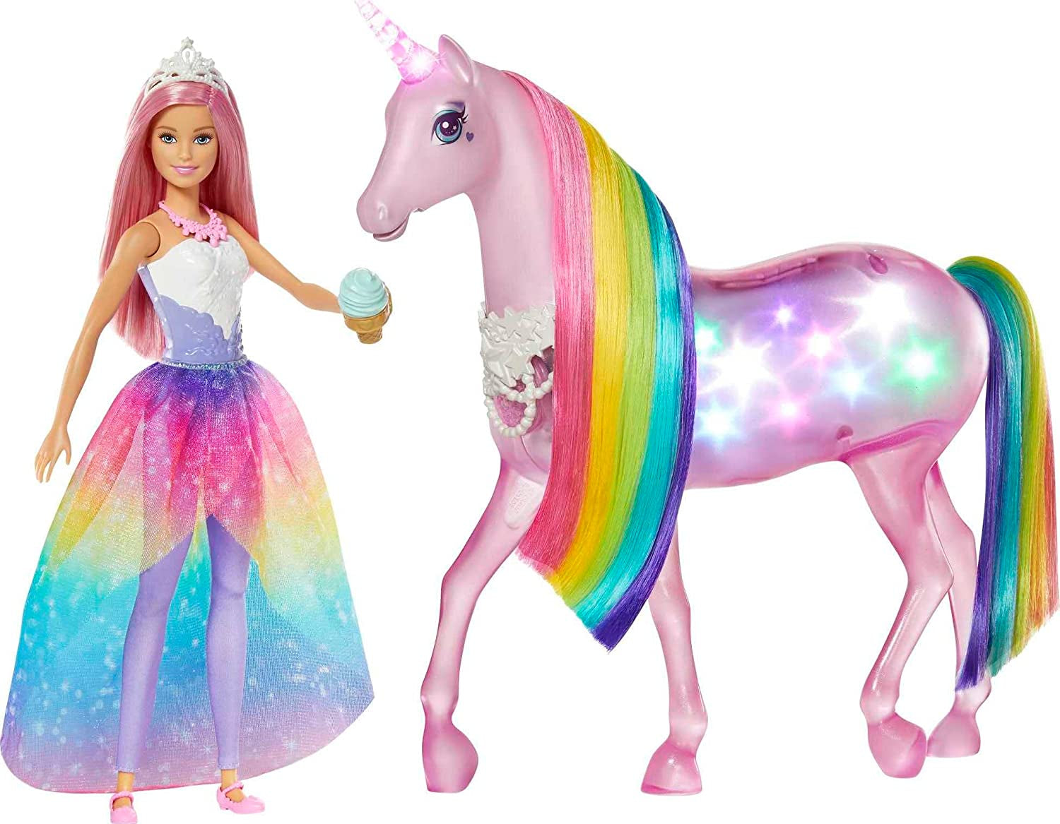 Barbie Dreamtopia Magical Magic Light Unicorn, cu 25+ lumini și sunet, incl. păpușă Barbie și unicorn, cadou pentru copii, jucărie de la 3 ani, GWM78 Papusi Naty Shop Singur Ambalaj standard