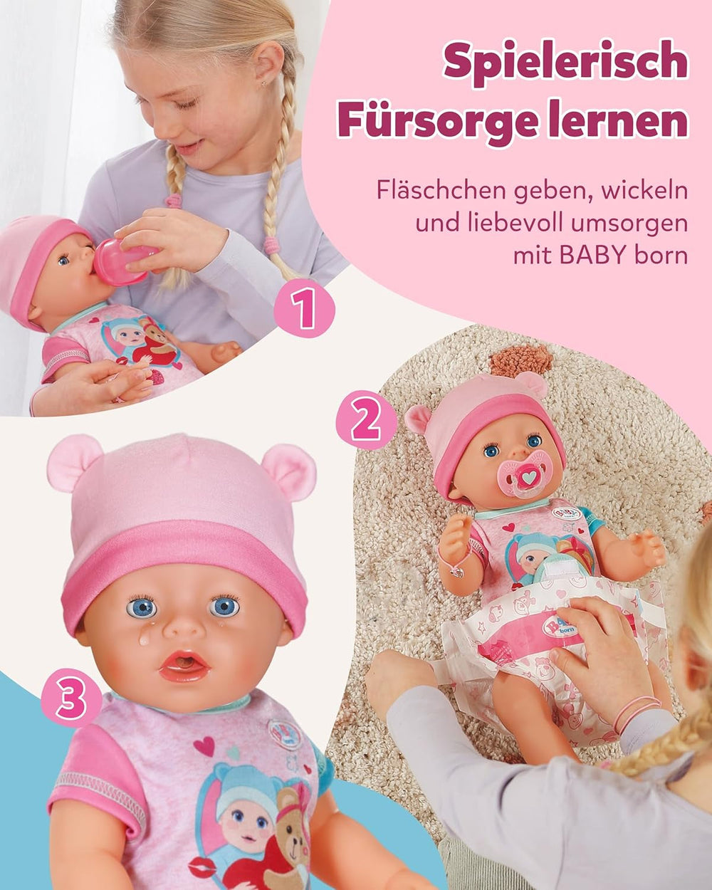 BABY Born Emma - păpușă bebeluș 43 cm - 10 funcții, inclusiv accesorii și saltea - Funcționează complet fără baterii - Potrivită pentru copii cu vârsta de 3 ani și peste