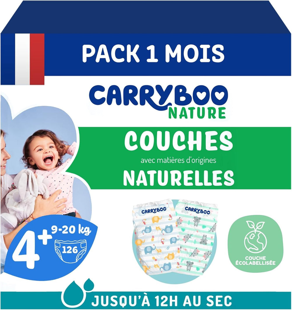 - Windeln Größe 4+ 9-20 kg – Ökologische Babywindeln – natürliche Babypflege, hypoallergen, ohne Parfüm und auslaufsicher – hergestellt in Frankreich – 126 Einwegwindeln – 1 Monat