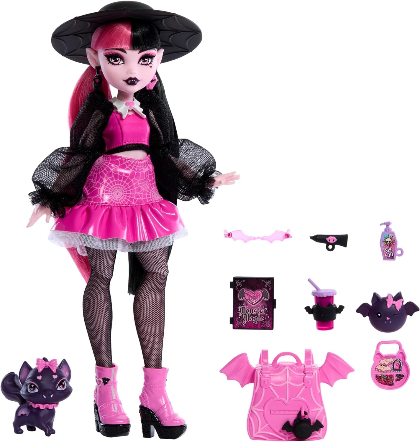 Păpușă Monster High Draculaura cu animalul ei de companie, pisica liliac Count Fabulous, și accesorii precum rucsac, carte de vrăji, cutie Bento și multe altele, HRP64 Papusi Naty Shop