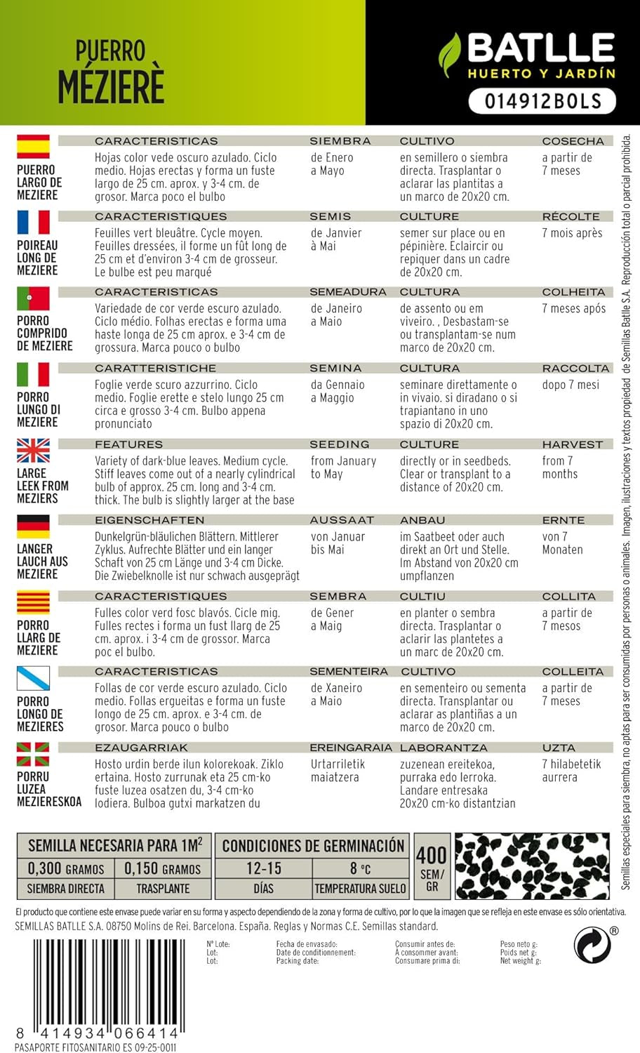 Batlle Gemüsesamen - Porree Lang Mézière (2000 Samen)