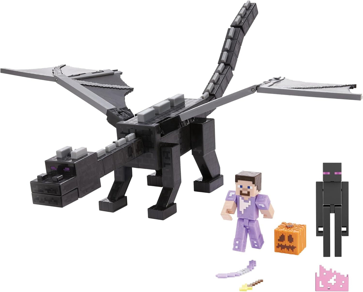 Mattel Minecraft Ender Dragon Actionfiguren-Set, Lichter, Lärm und Nebel mit Steve und Enderman, maßstabsgetreu, ca. 8 cm große Figuren HTN25 Actionfiguren Naty Shop Standardtitel