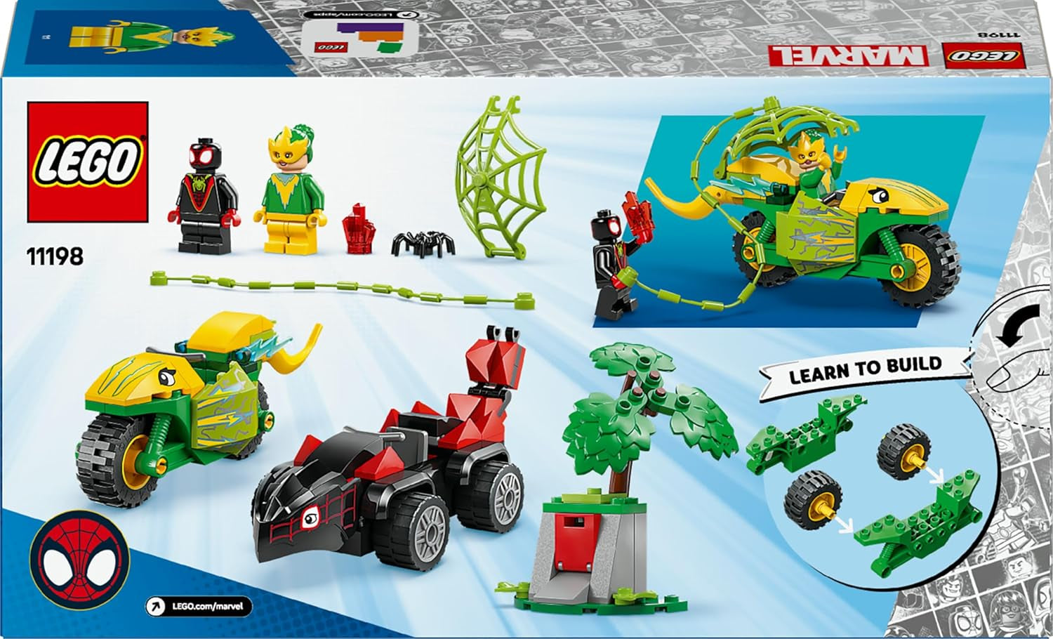 LEGO Marvel Actionspaß mit Spin und Electro in ihren Dino-Flitzern, baubares Superheldenauto für Jungen und Mädchen ab 4 Jahren, Helden Set mit Spielzeug Auto, Spidey und Seine Super-Freunde 11198