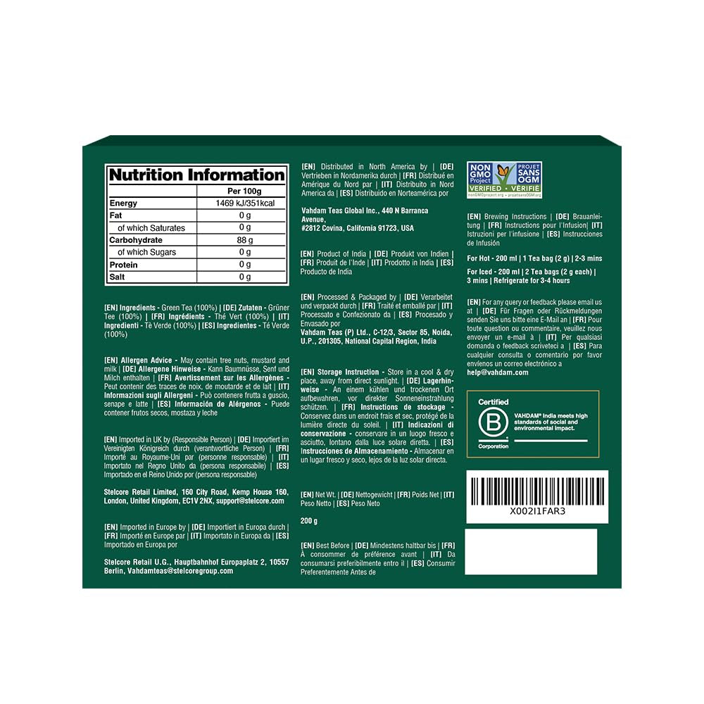 VAHDAM, ceai verde din Himalaya (100 pliculețe de ceai) 100% pur și aromat | Frunze de ceai verde natural | Vegan, fără gluten, fără lactoză | Proaspăt și direct de la sursa din India | Ceai verde