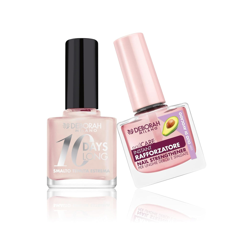 Set de ojă Milano pentru întărirea unghiilor fragile și umflate, 9,5 ml și ojă 10 Days Long N.882 Nude Rose, efect lucios cu fixare îndelungată, 11 ml