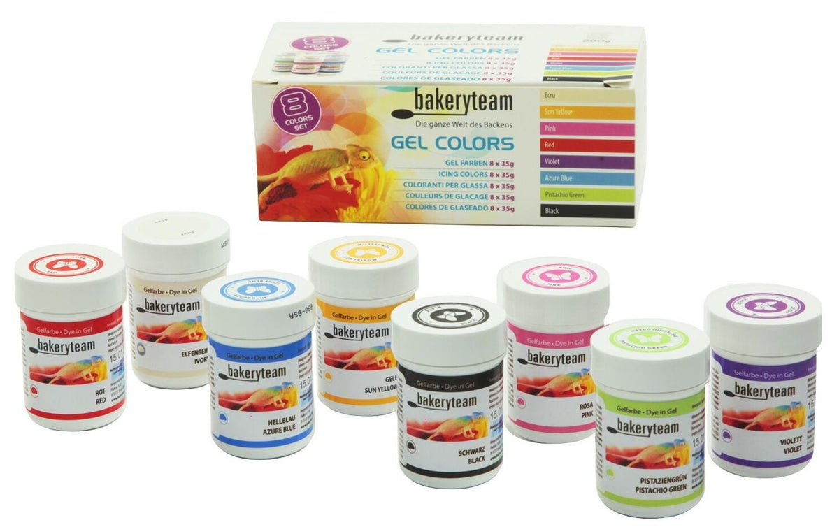Coloranți alimentari în gel Bakeryteam pentru fondant, marțipan, cupcake, cremă, tort, torte, înghețată, set (8 x 35g)