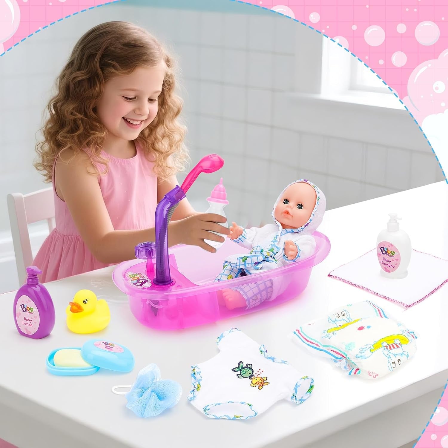Set cădiță de baie pentru păpuși deAO, păpușă interactivă de 33 cm, baie pentru păpuși, set de joacă pentru păpuși cu suzetă, haine pentru păpuși, halat de baie, scutece pentru păpuși, cadă și spray de duș funcțional