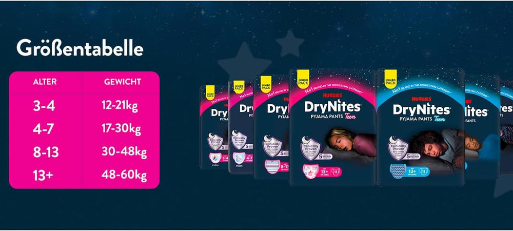 Scutece Huggies DryNites foarte absorbante pentru noapte, pentru fete 3-4 ani (12-21 kg), 4 x 16 bucăți (64 bucăți în total), pachet lunar de scutece-chiloți
