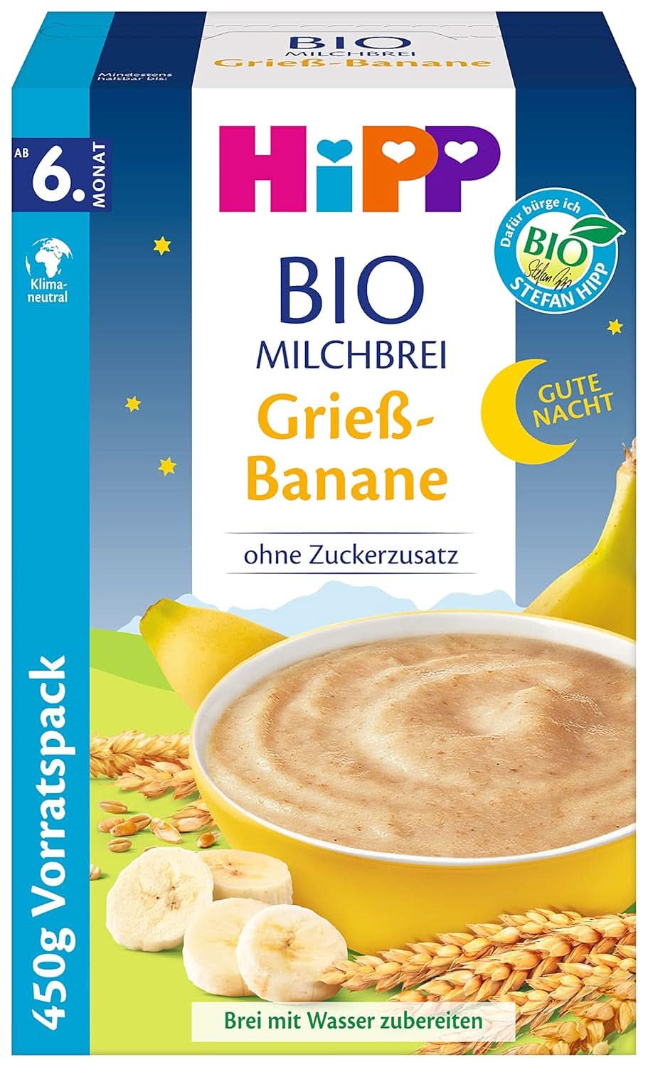 Hipp Bio-Milchbrei ohne Zuckerzusatz, Grieß und Banane, Vorratspackung (4X450 Gramm) Mutter und Kind Naty Shop 4 x 450 Gramm Gris mit Bananen
