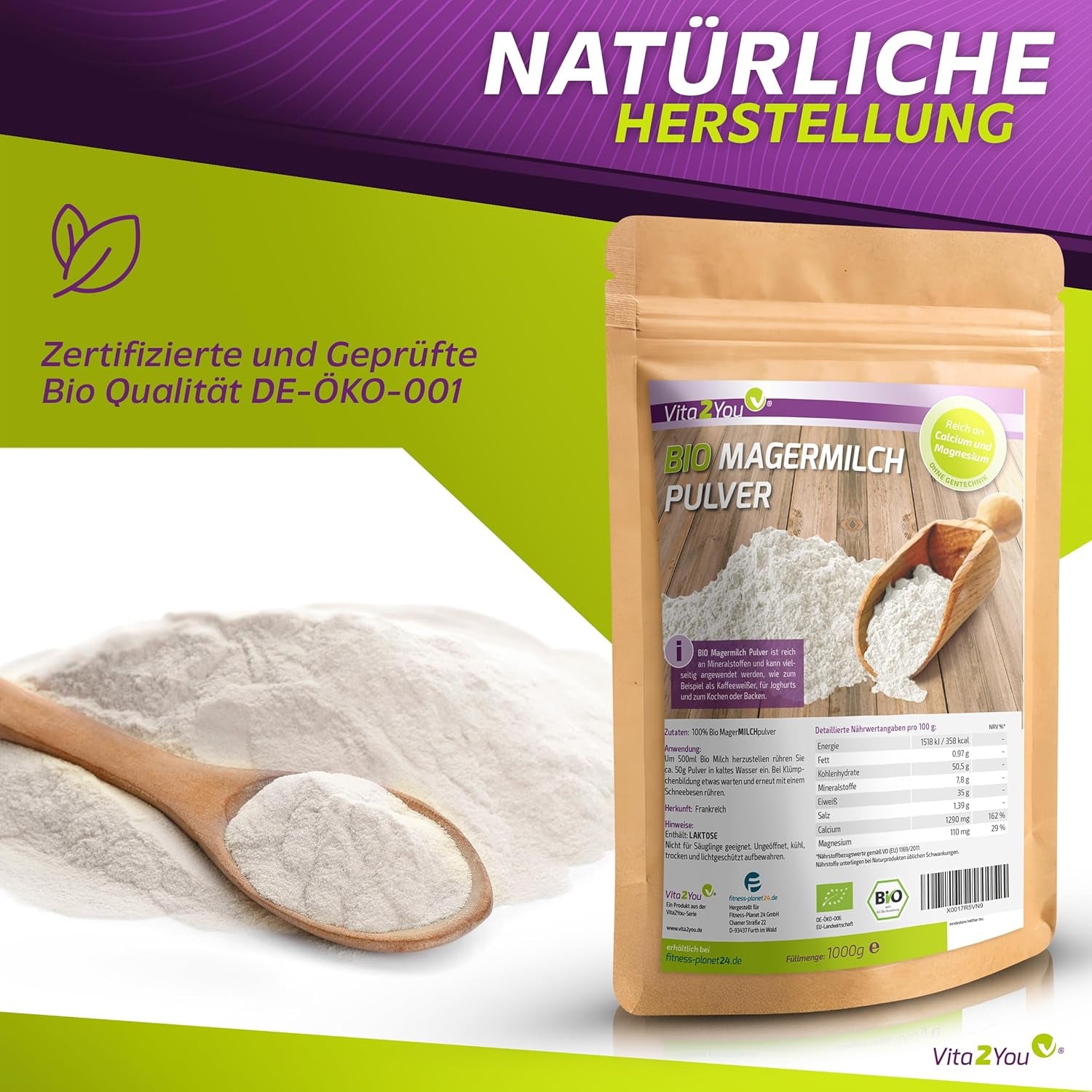 Vita2You Bio Magermilchpulver 1000g - 100% Bio Qualität - zum Backen - Kaffeeweißer - Milchpulver für Joghurts - 1kg - Premium Qualität