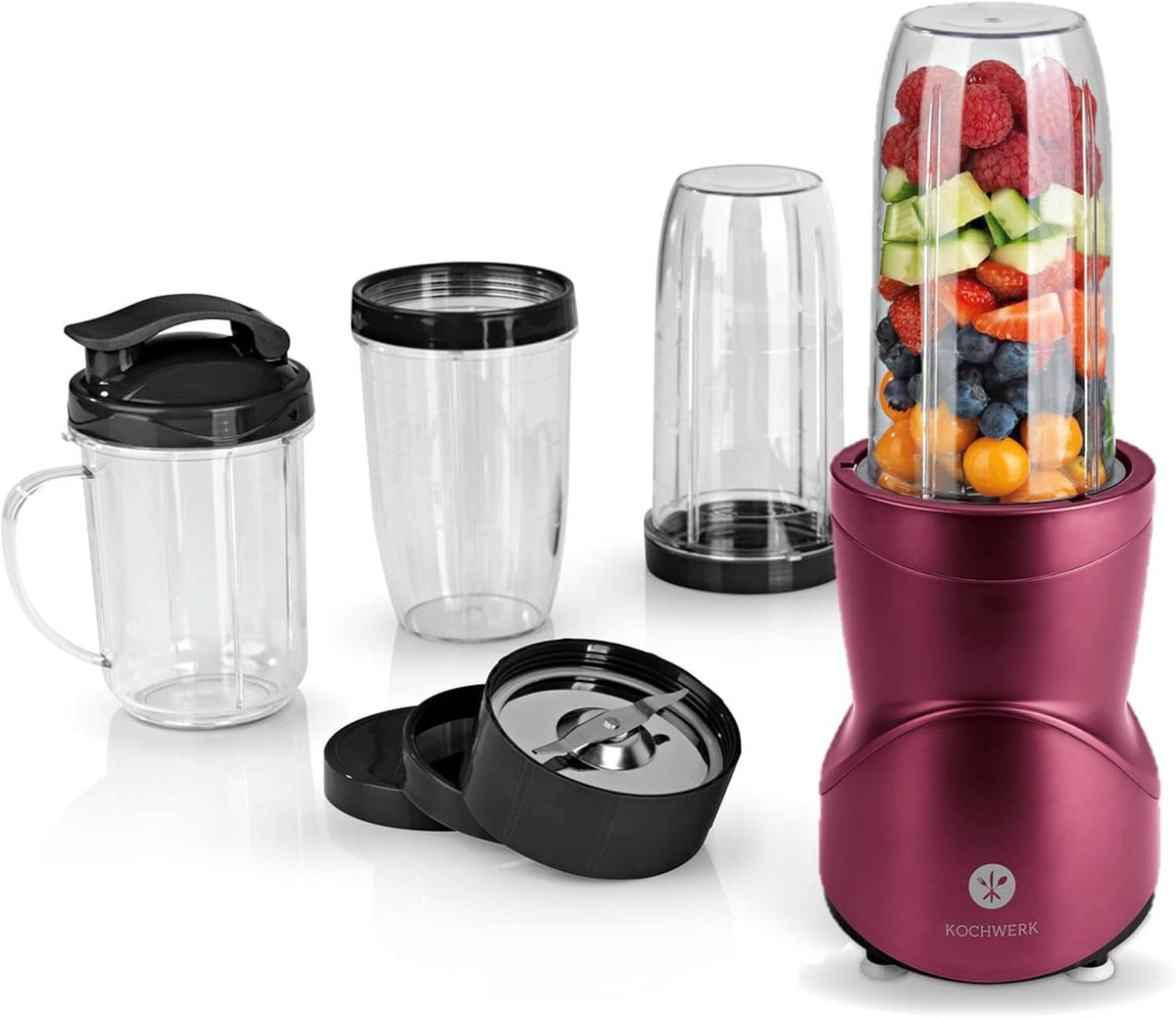 Smoothie Maker 12-Tlg | To-Go Deckel & 4 Mixbehälter | Für Obst, Gemüse & Nüsse | Myth Ice-Crush-Funktion | Mini-Standmixer Zum Mixen, Rühren, Zerkleinern, Mahlen, Hacken & Pürieren | BPA-freie Küche Naty Shop Rot